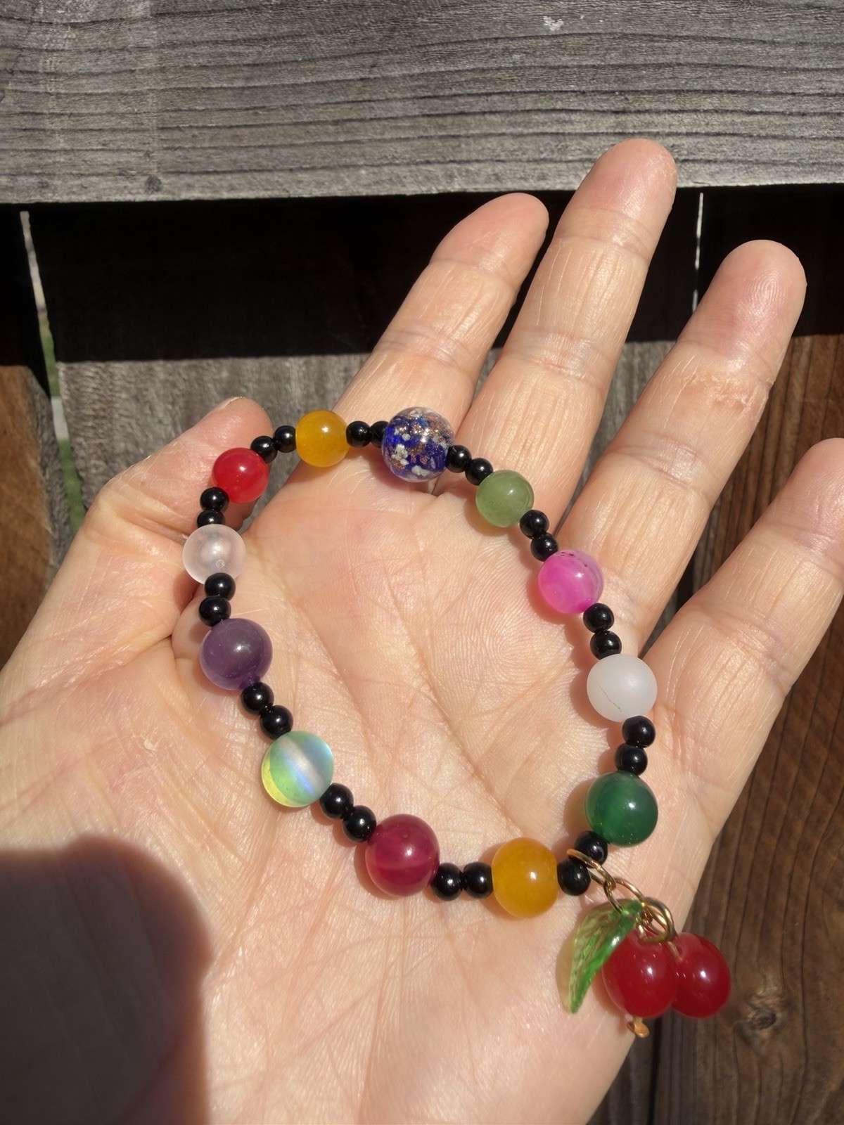 Multicolor Beaded Stretch Bracelet Cherry Fruit Dangle Charm Stone Glass