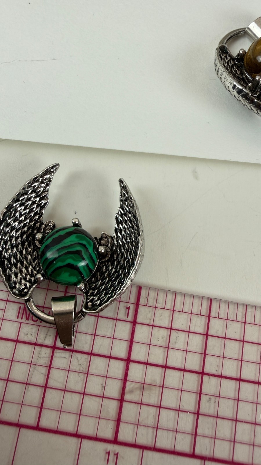 Angel Wing Malachite Style Pendant | Silver Tone Gothic Fantasy Jewelry