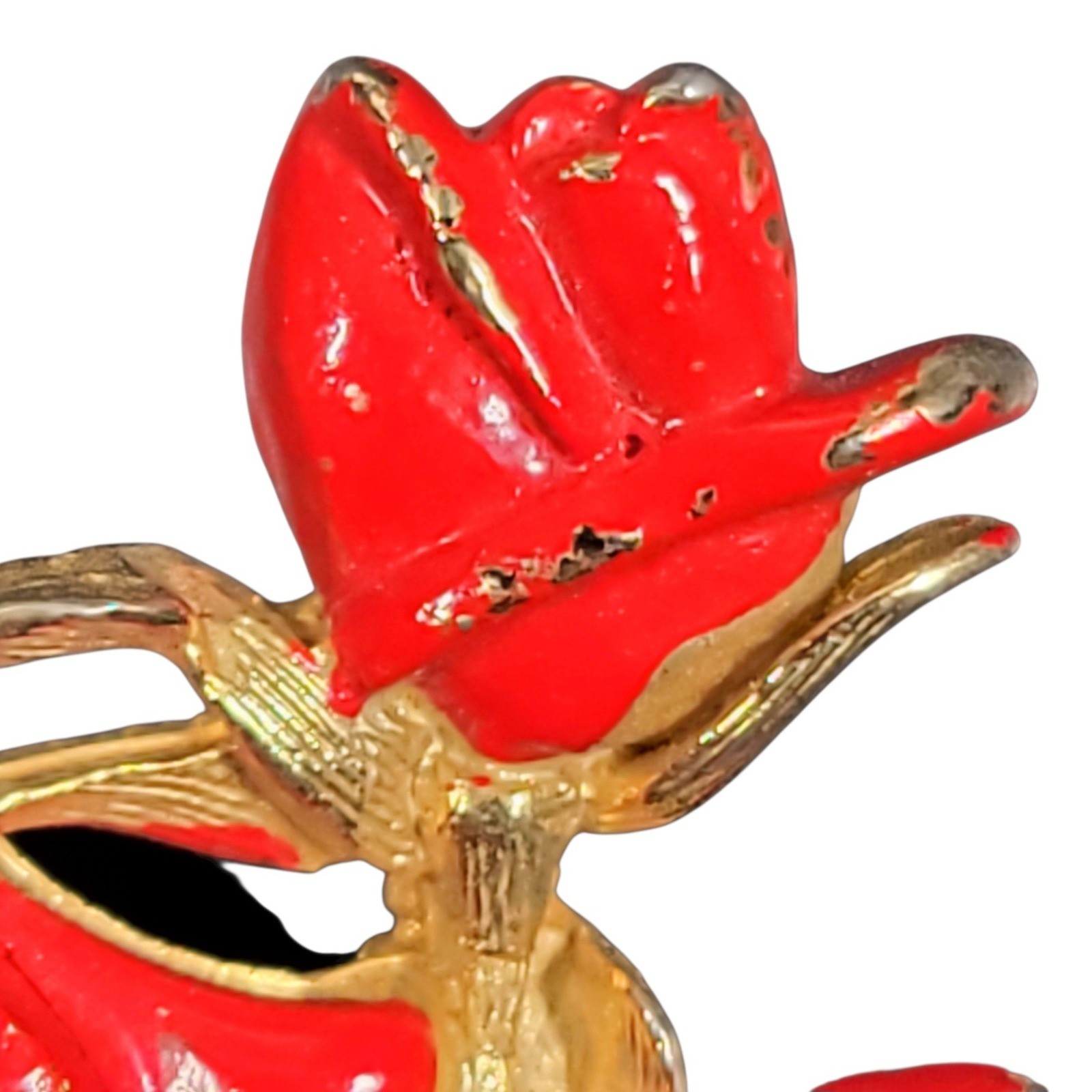 VTG 60s General Mfg Red Enamel Rose Brooch Pin Gold Tone MCM Flower Costume