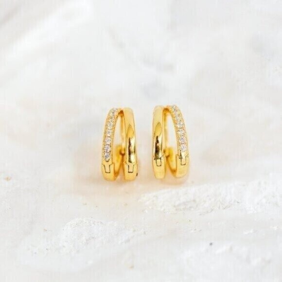Everyday Huggie Earrings Double Huggies Gold CZ Pave Dainty Small Gold Hoops