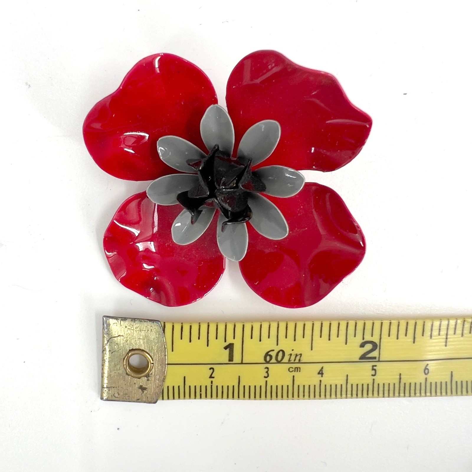 Vintage Red Poppy Flower Enamel Barette 3D Layered Floral Hair Ornament 2.25 in