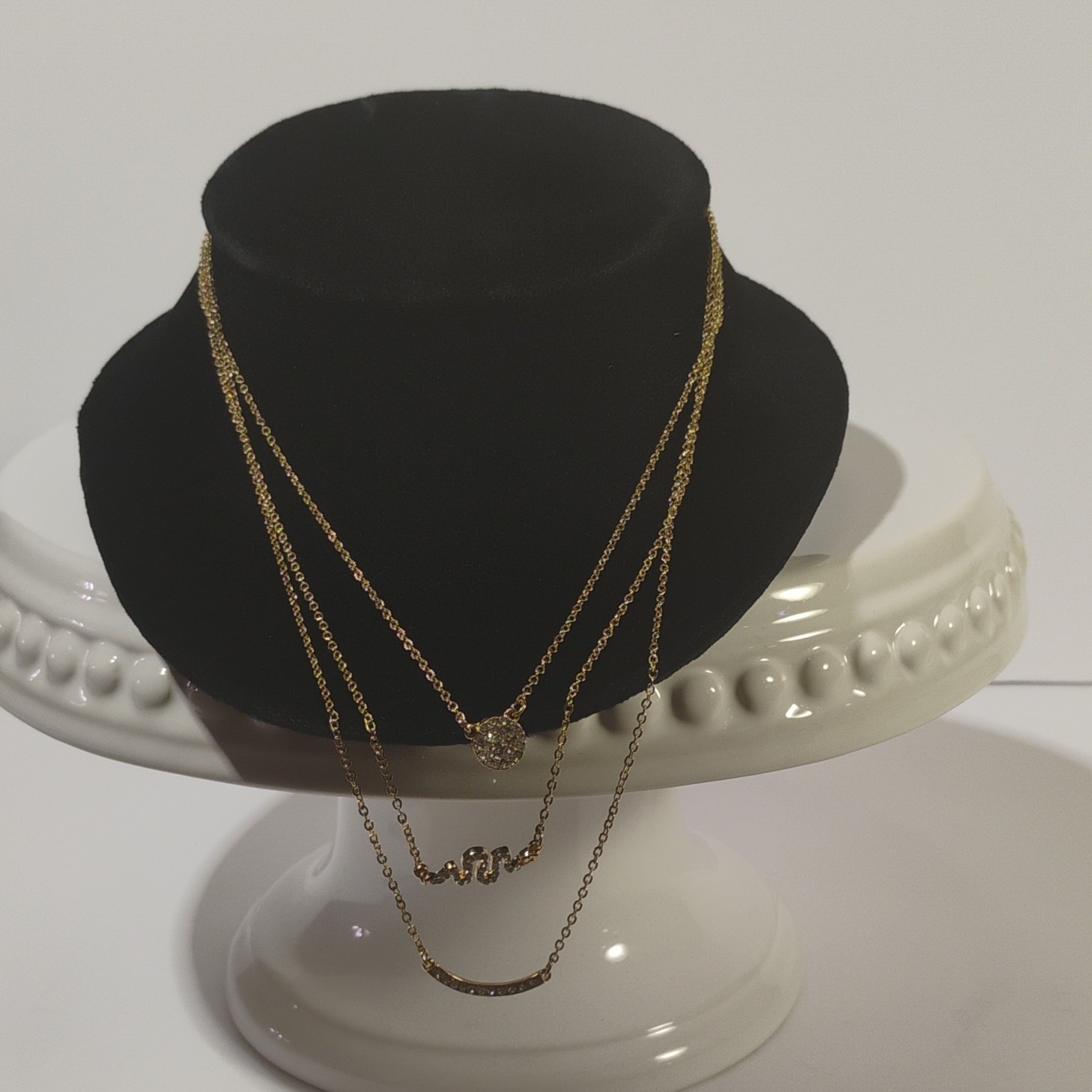 Gold-Tone Layered Cable Chain Necklace Pavé Rhinestone Charm Pendants Adjustable