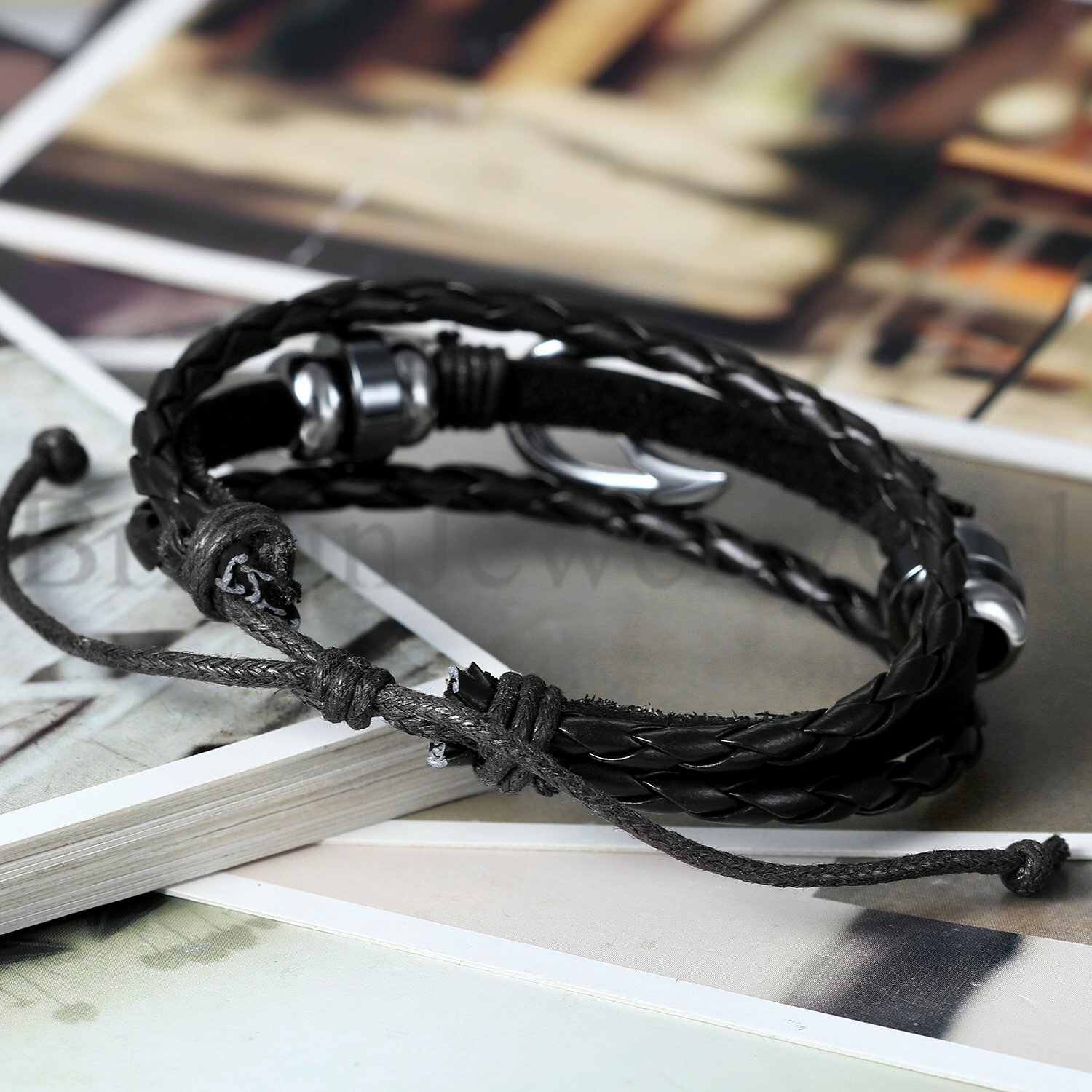 Men Women Multi-layer Fishing Hook Beaded Braided Leather Cuff Bangle Bracelet