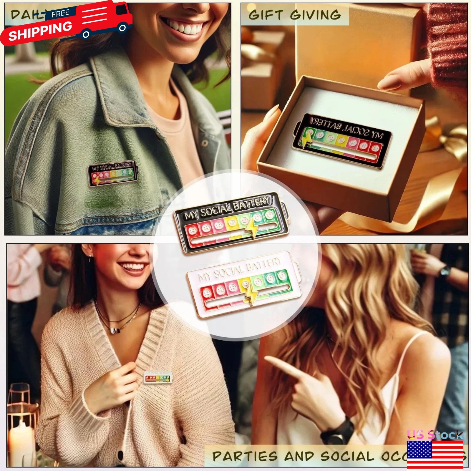 Funny Social Battery Slider Pin – 7-Mood Expression Badge, Cute Interactive Pin