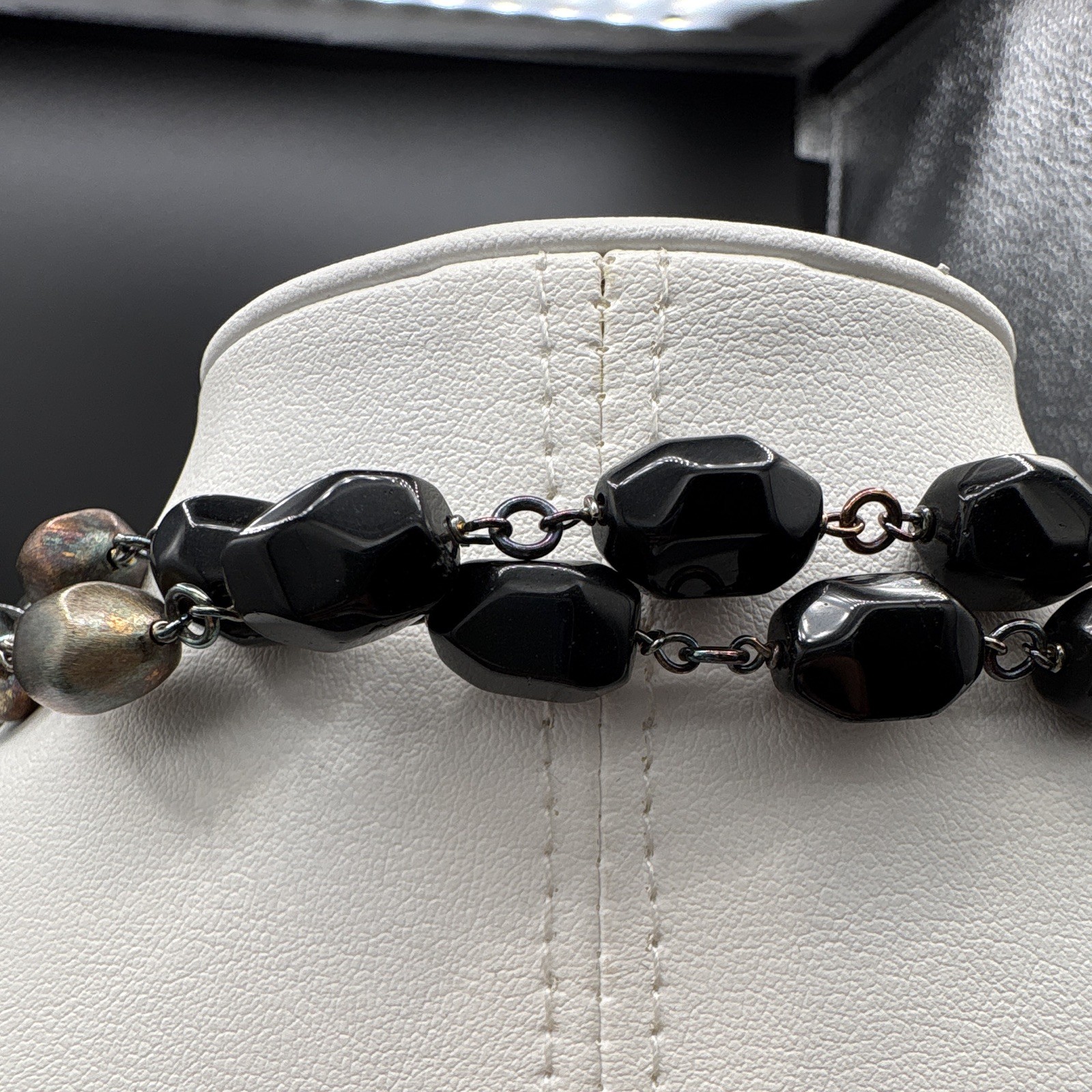 Black & Brown Beaded Link Chain Necklace 925 Sterling Italy Magnetic Clasp