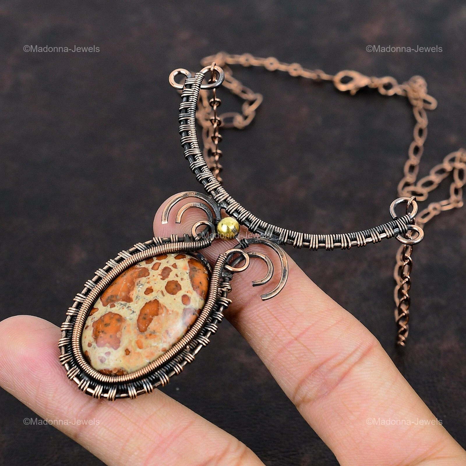 Oval Asteroid Jasper Gemstone Copper Sister Chain Wire Wrapped Birthday Necklace
