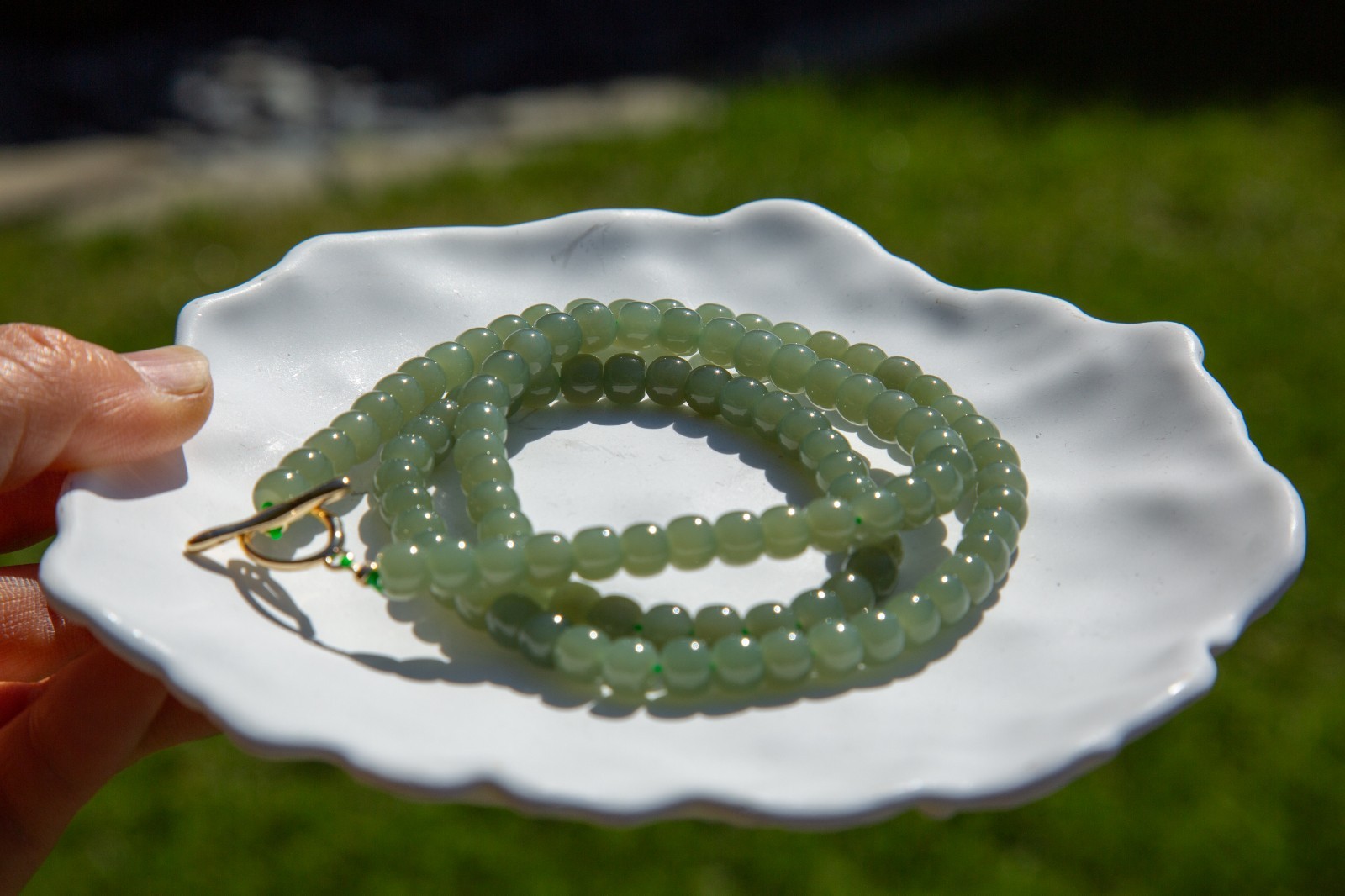 6.5mm+ Oily High Grade Qiemo Blue Hetian Nephrite Beaded Necklace| 油润且莫蓝和田玉老型
