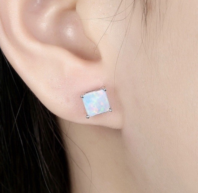 Gorgeous 7x7mm White Fire Opal Square Earrings