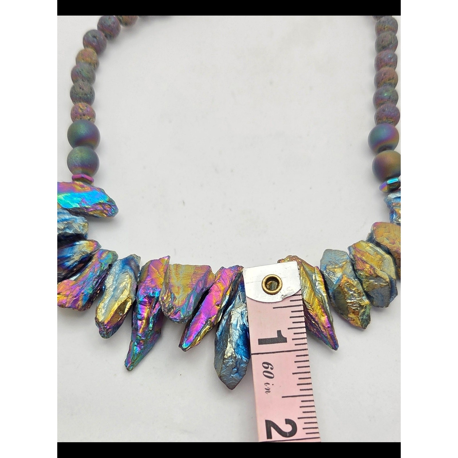 Raw Rainbow Aura Titanium Quartz & Lava Rock Statement Bib Necklace – 16″