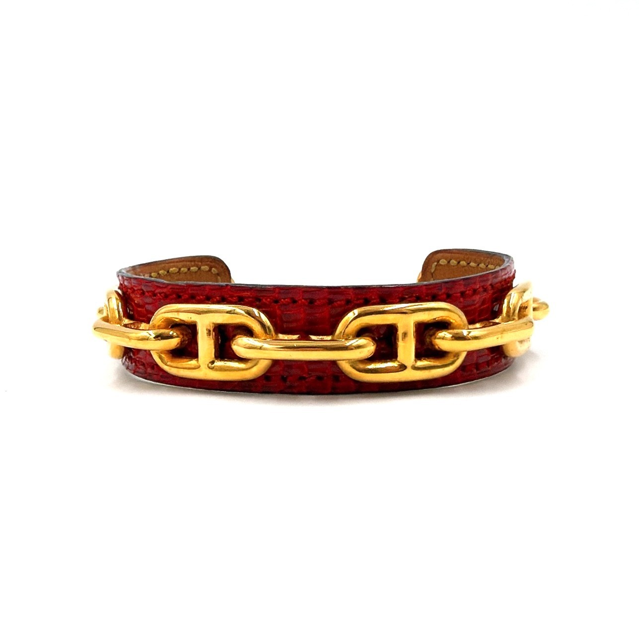Hermes Chaine d’Ancre Cuff Bangle Lizard Leather Red Gold Chain Link Box Auth