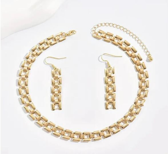 NEW WOMEN’S SQUARE LINK NECKLACE CHOKER & DANGLE DROP EARRING SET YELLOW GOLD