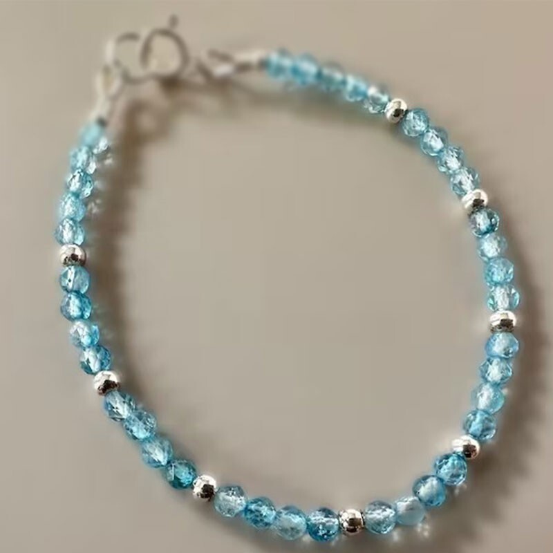 Blue Topaz 3mm Bead Minimalist Dainty Slim Crystal Healing Bracelet for Women