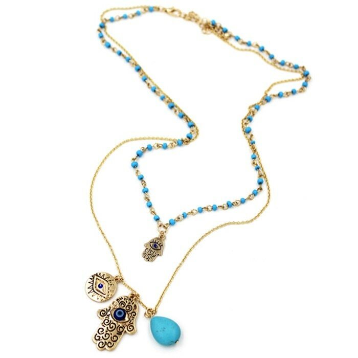 ZARD Evil Eye Hamsa Hand Turquoise Gem Charm Pendant Layered Necklace