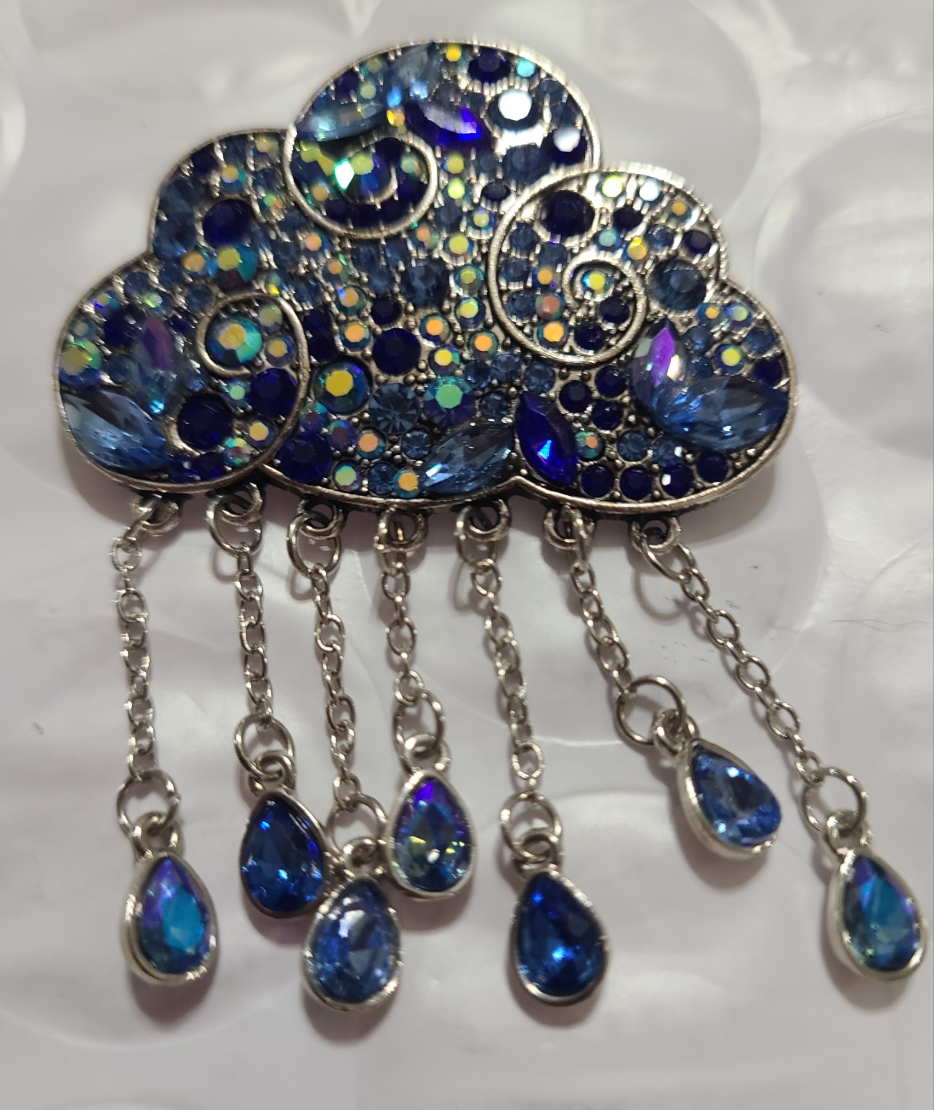 Silver Tone Cloud Brooch w/ Blue Crystal Rhinestones And Dangling Teardrops