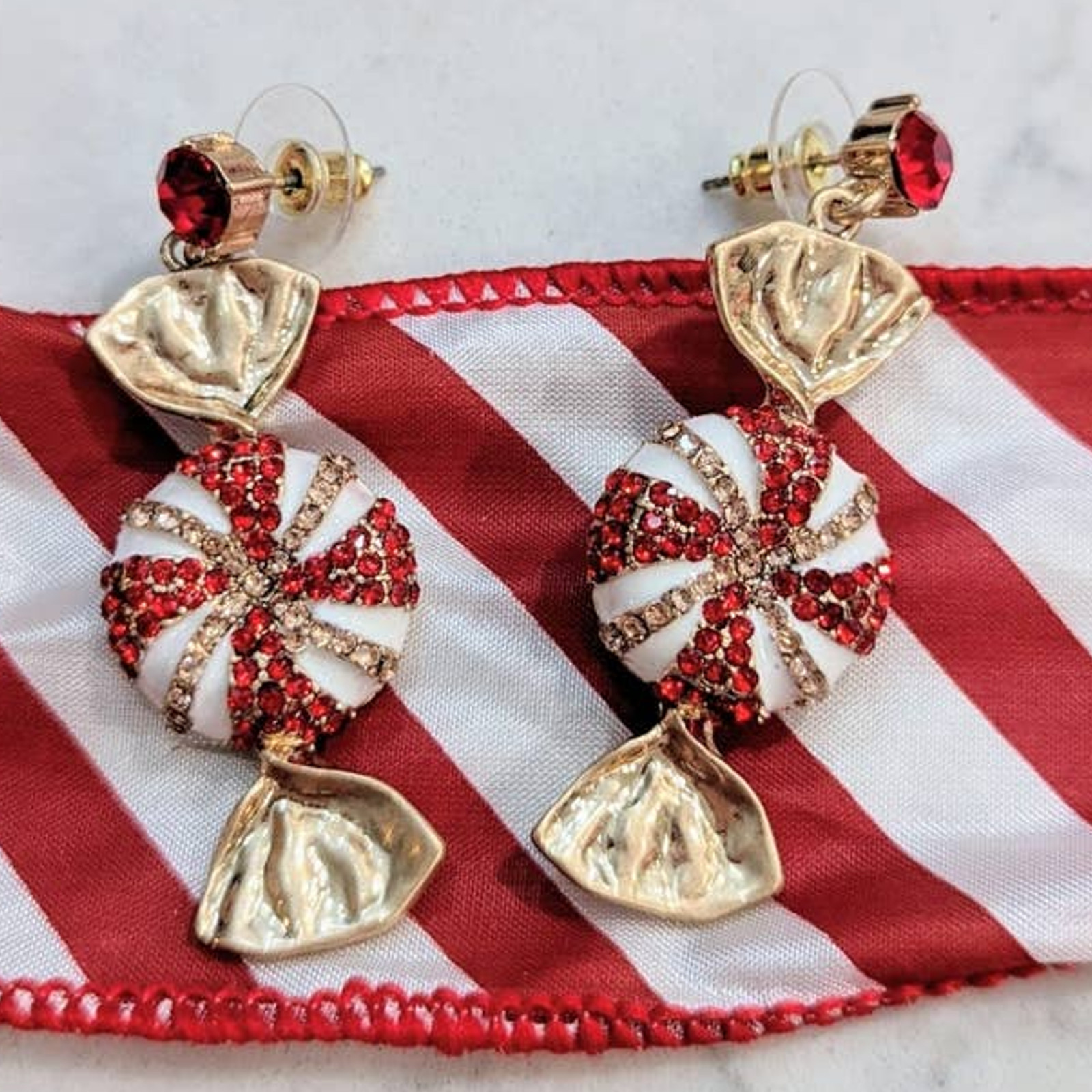 HOLIDAY Red White Sparkle Peppermint Dangle Post Earrings Christmas Gift NEW