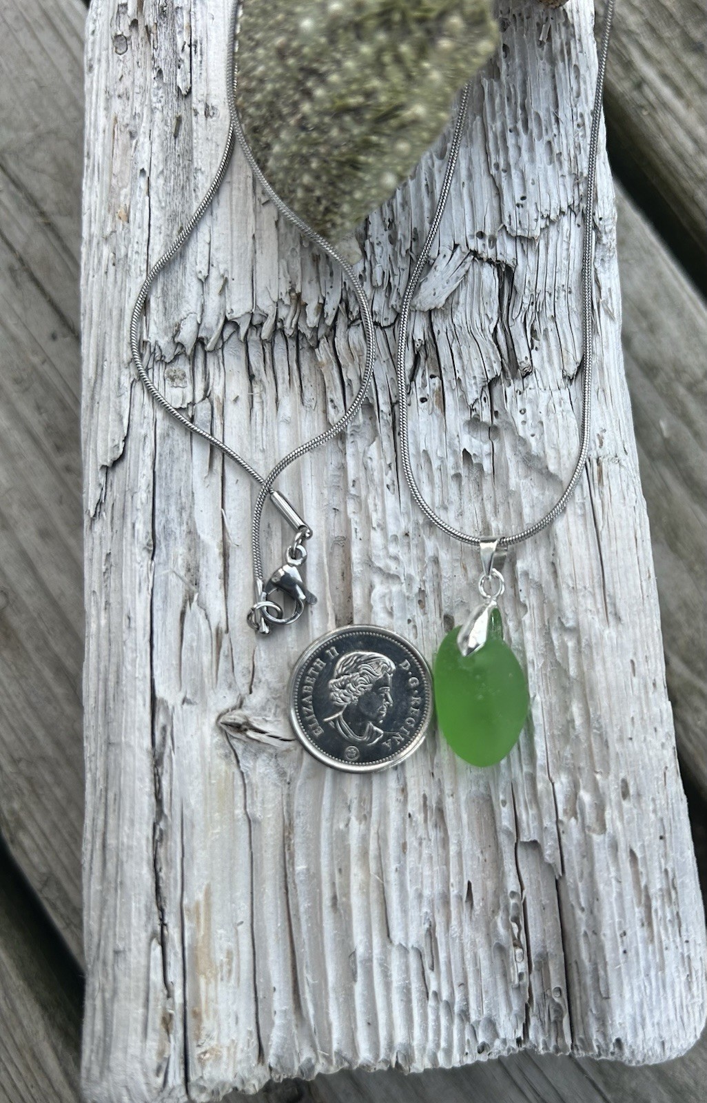 Genuine Green Sea Glass Necklace Stainless Steel Snake Chain 18 Inch