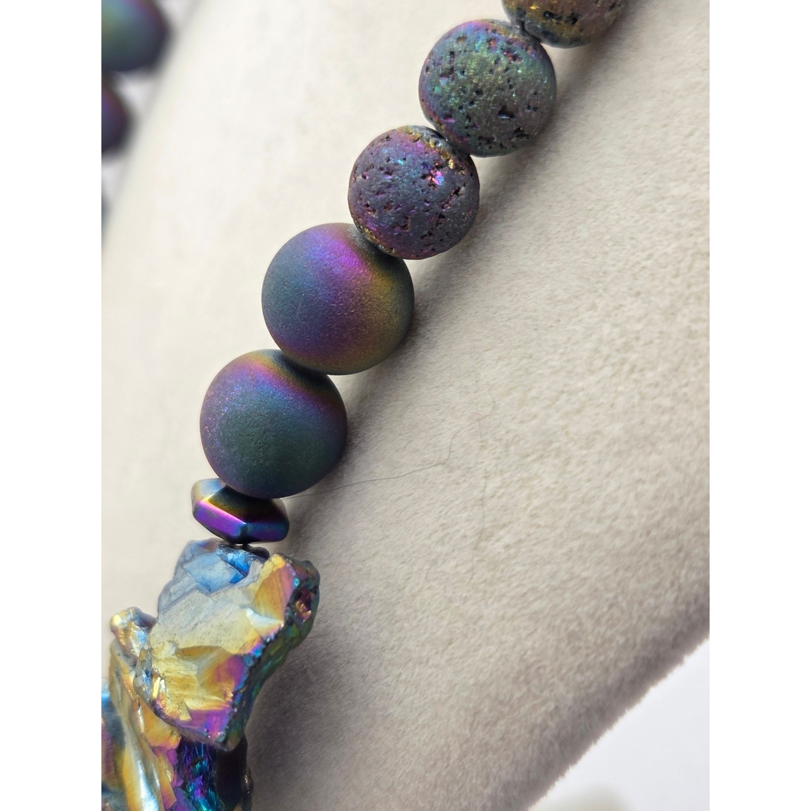 Raw Rainbow Aura Titanium Quartz & Lava Rock Statement Bib Necklace – 16″