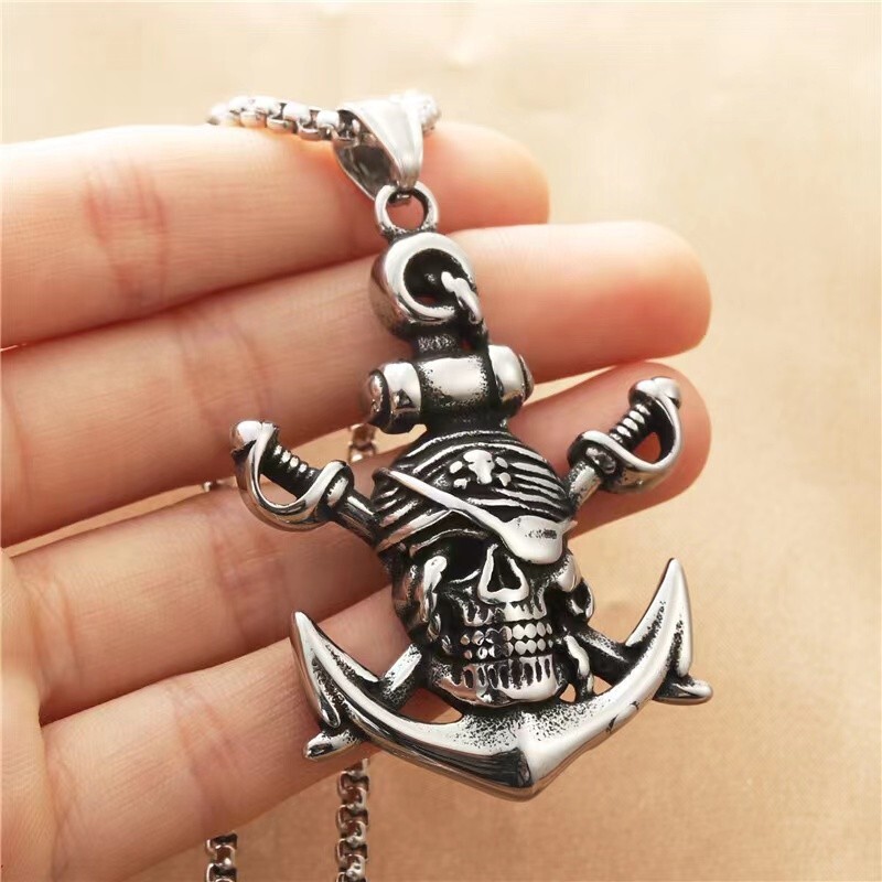 Pirate Skull Anchor Crossed Sword Pendant Necklace Men’s Punk Biker Jewelry Gift