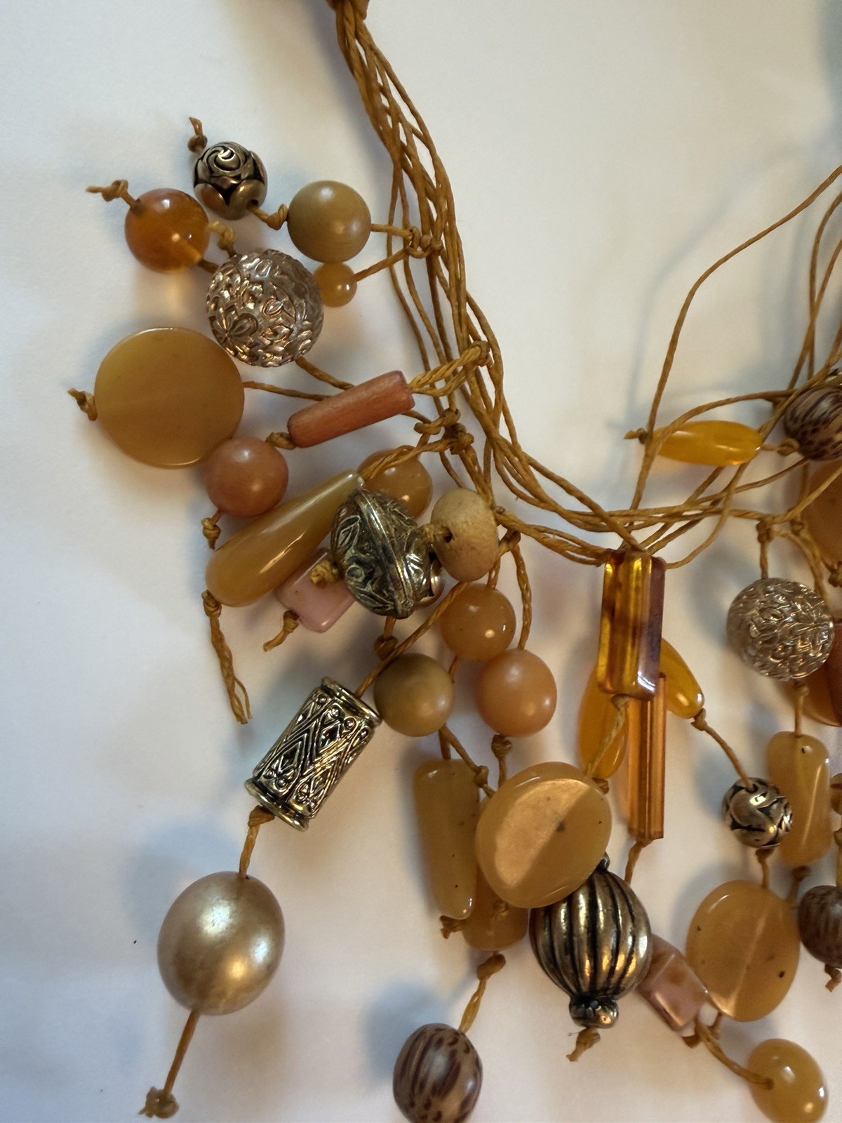 Yellow Cord Beaded Cluster Dangle Statement Necklace 13in Adjustable Tie Closure