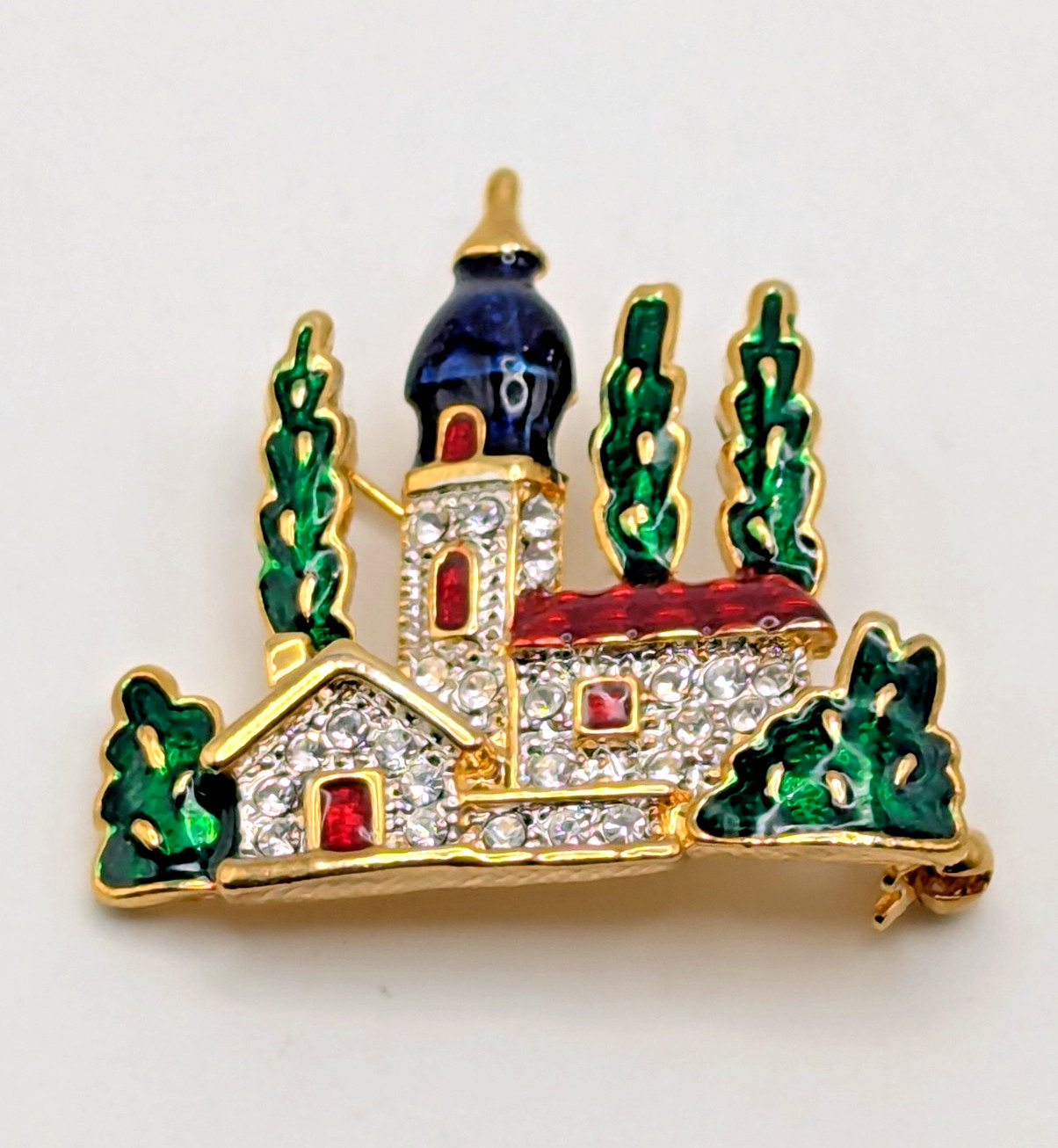 Castle Fairytale Fantasy Brooch Pin Rhinestone Enamel Gold Tone Fashion Jewelry