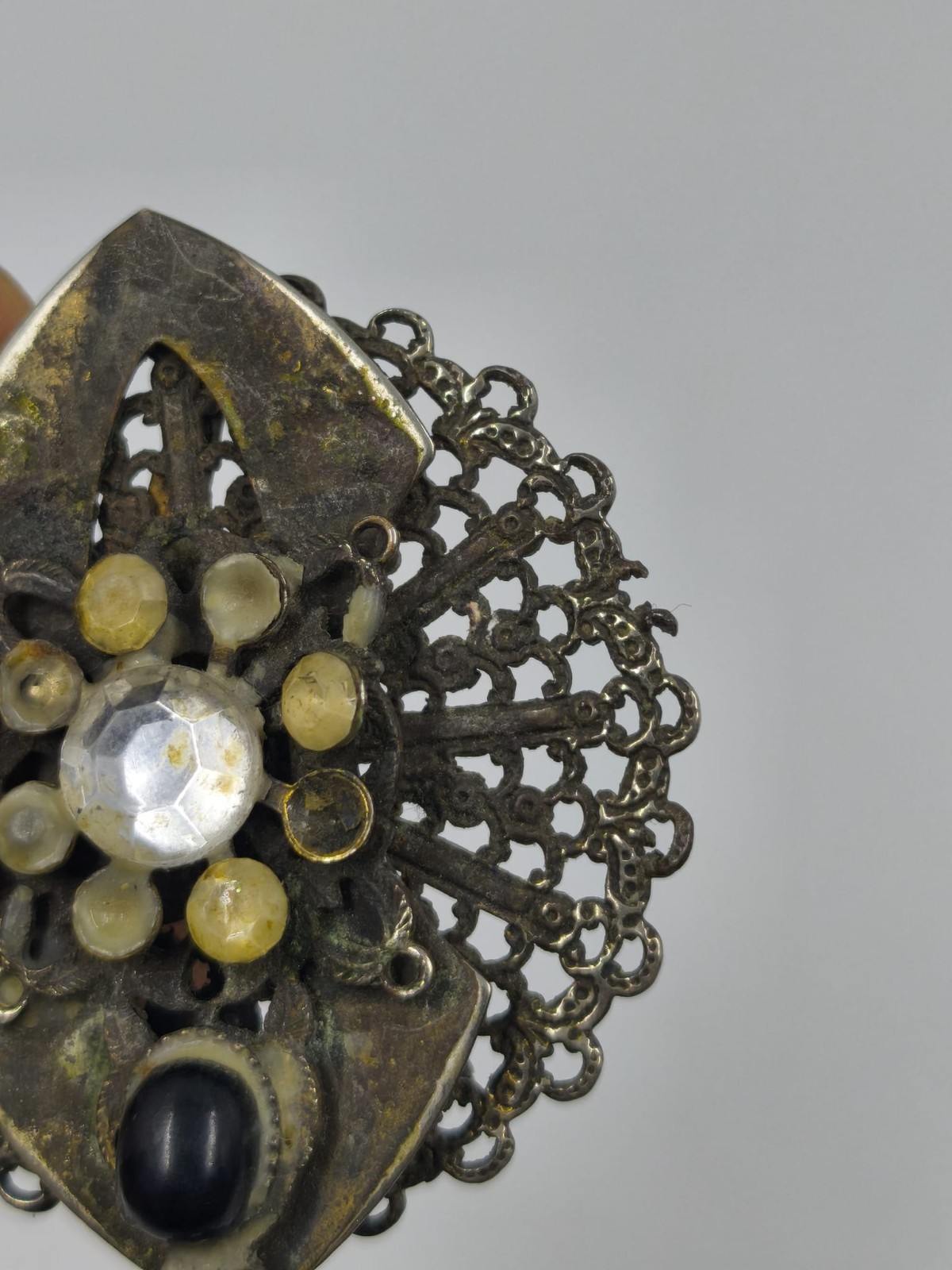 Vintage Brass Filigree Brooch with Rhinestone & Black Cabochon