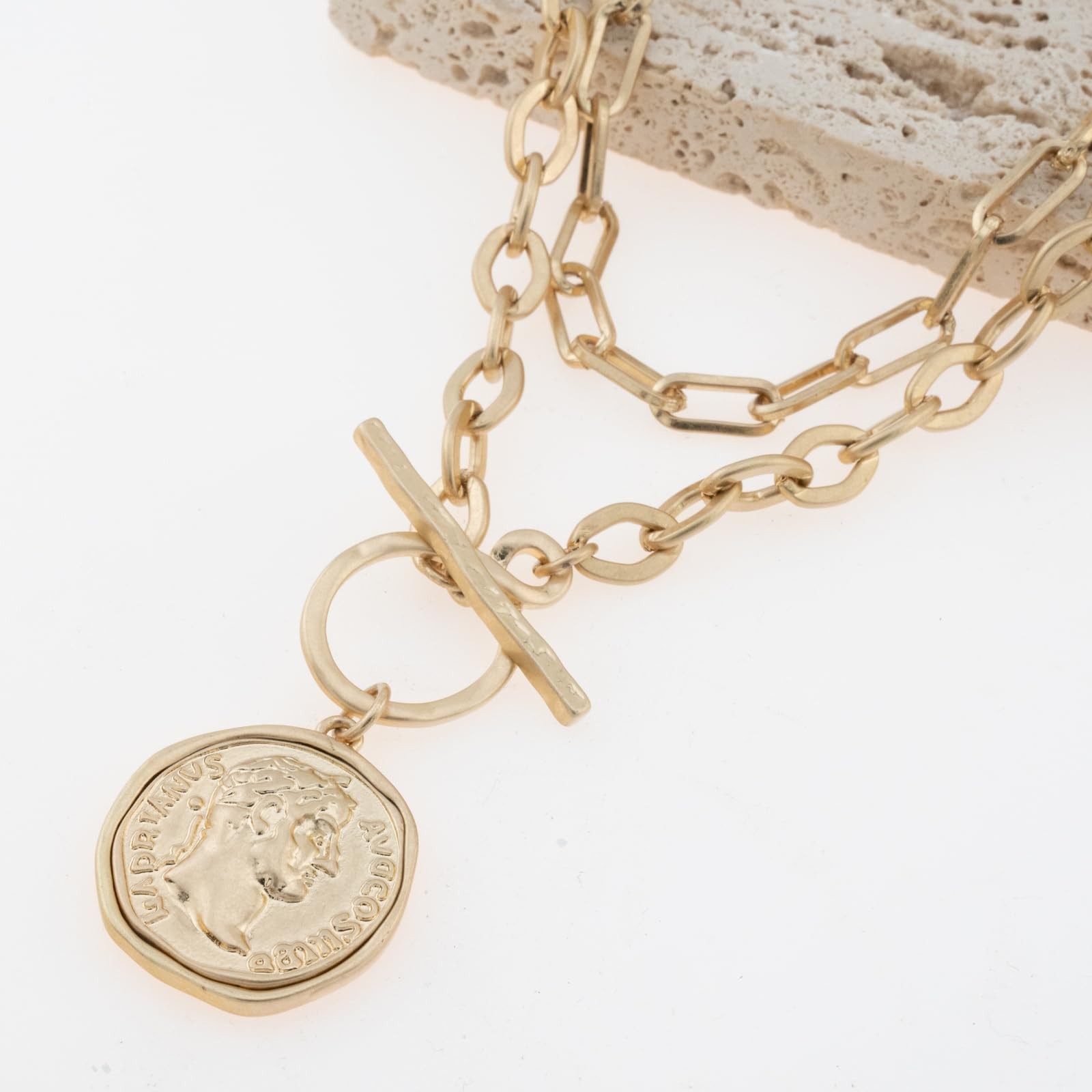 Husykam Chunky Roman Coin Antique Gold Plated Thick Link Chain 2Pcs Layered Set
