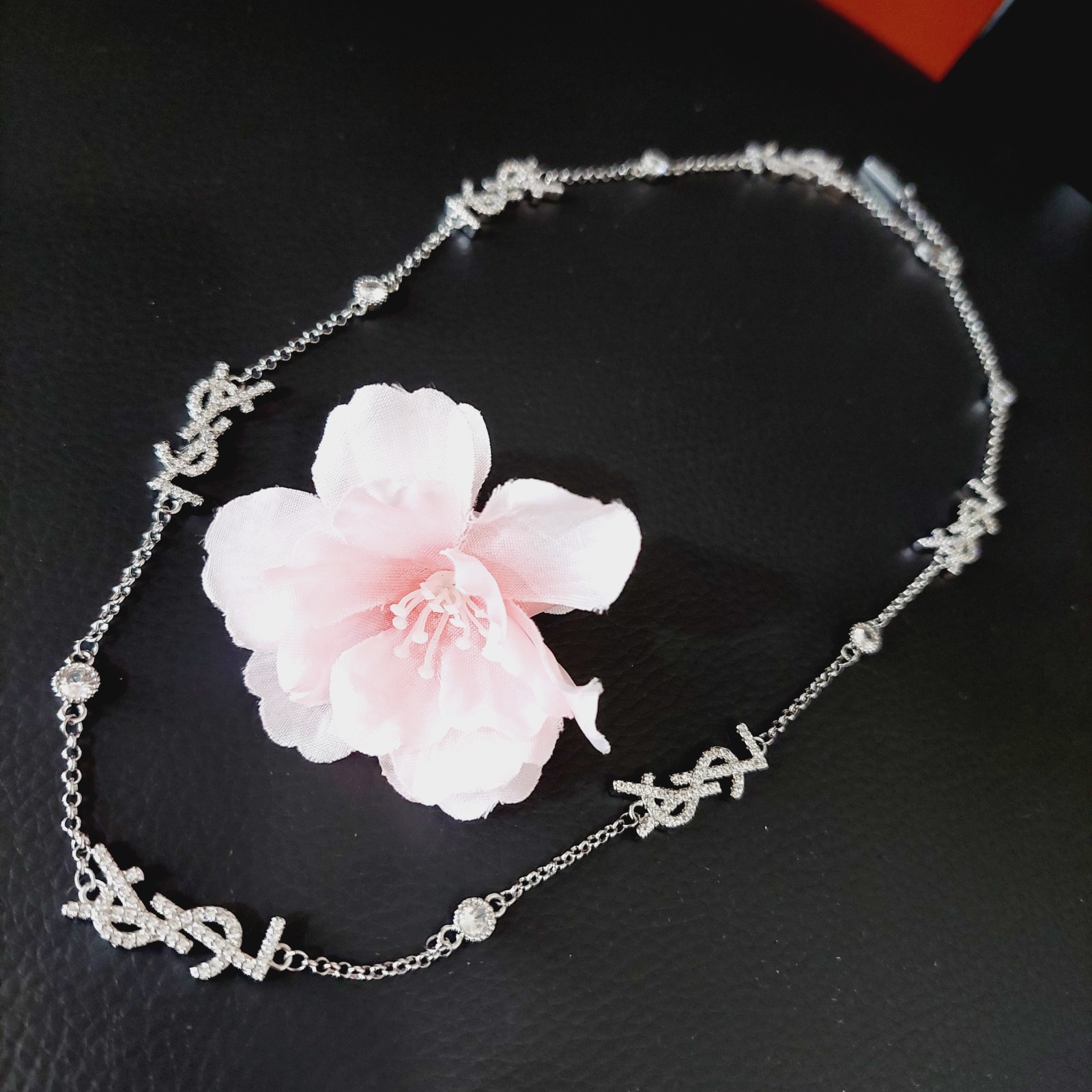 Auth. Yves Saint Laurent Signature YSL Logo Choker Crystal Studded Necklace