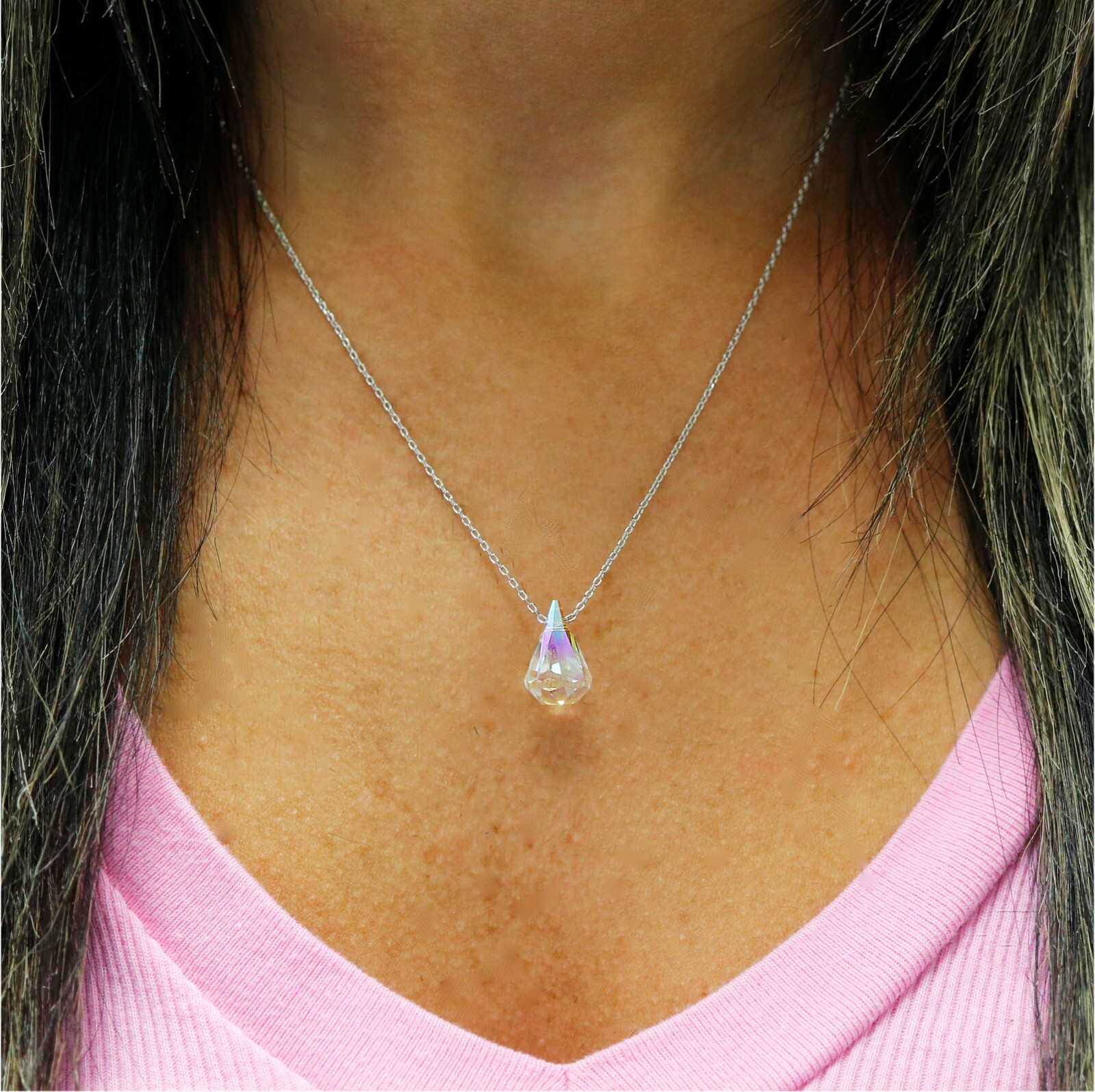 Aurora Borealis Teardrop 18 Inch Necklace Made with Swarovski Elements