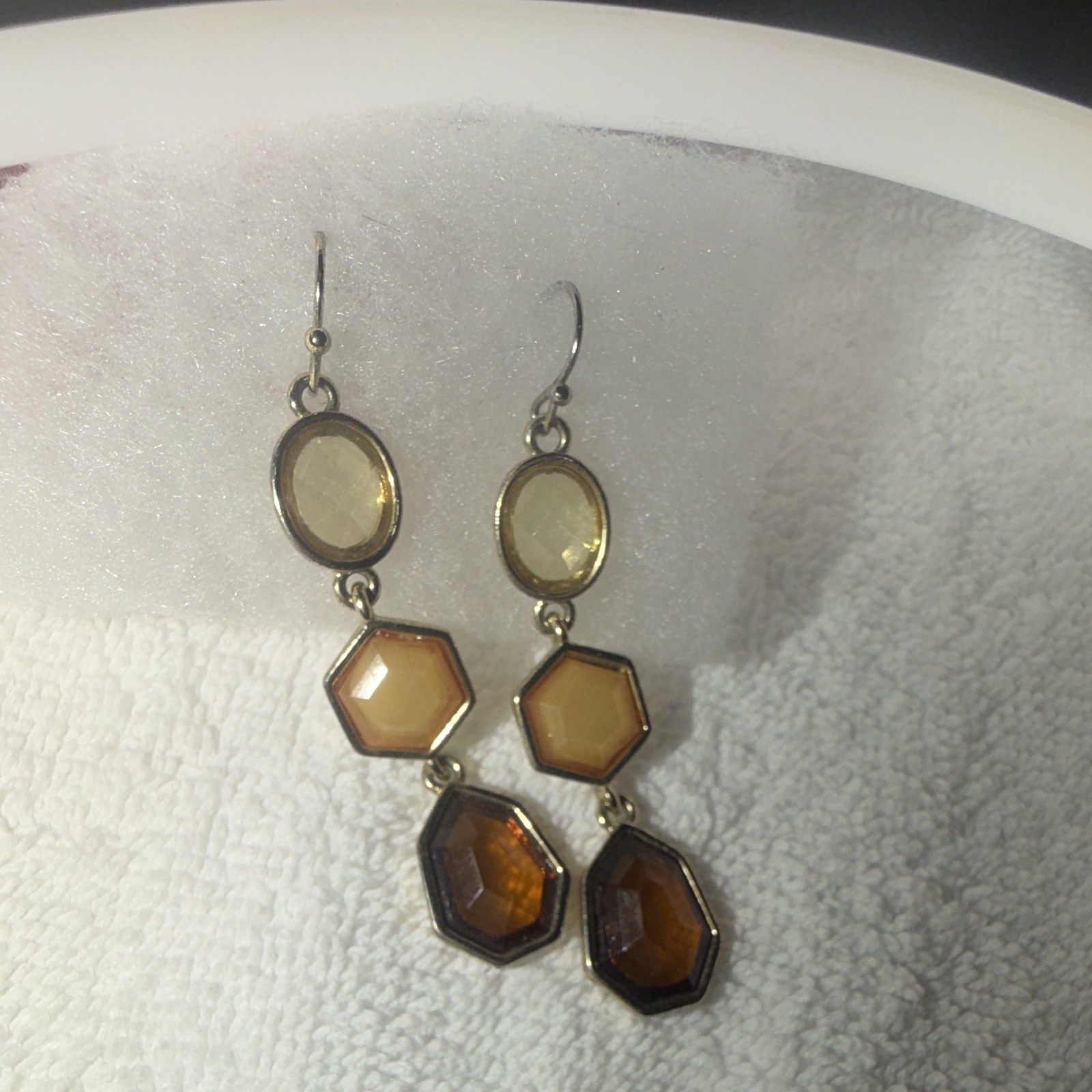Silver Tone Asymmetrical Dangle/Drop Hook Earrings Bezel Set Brown Octagon
