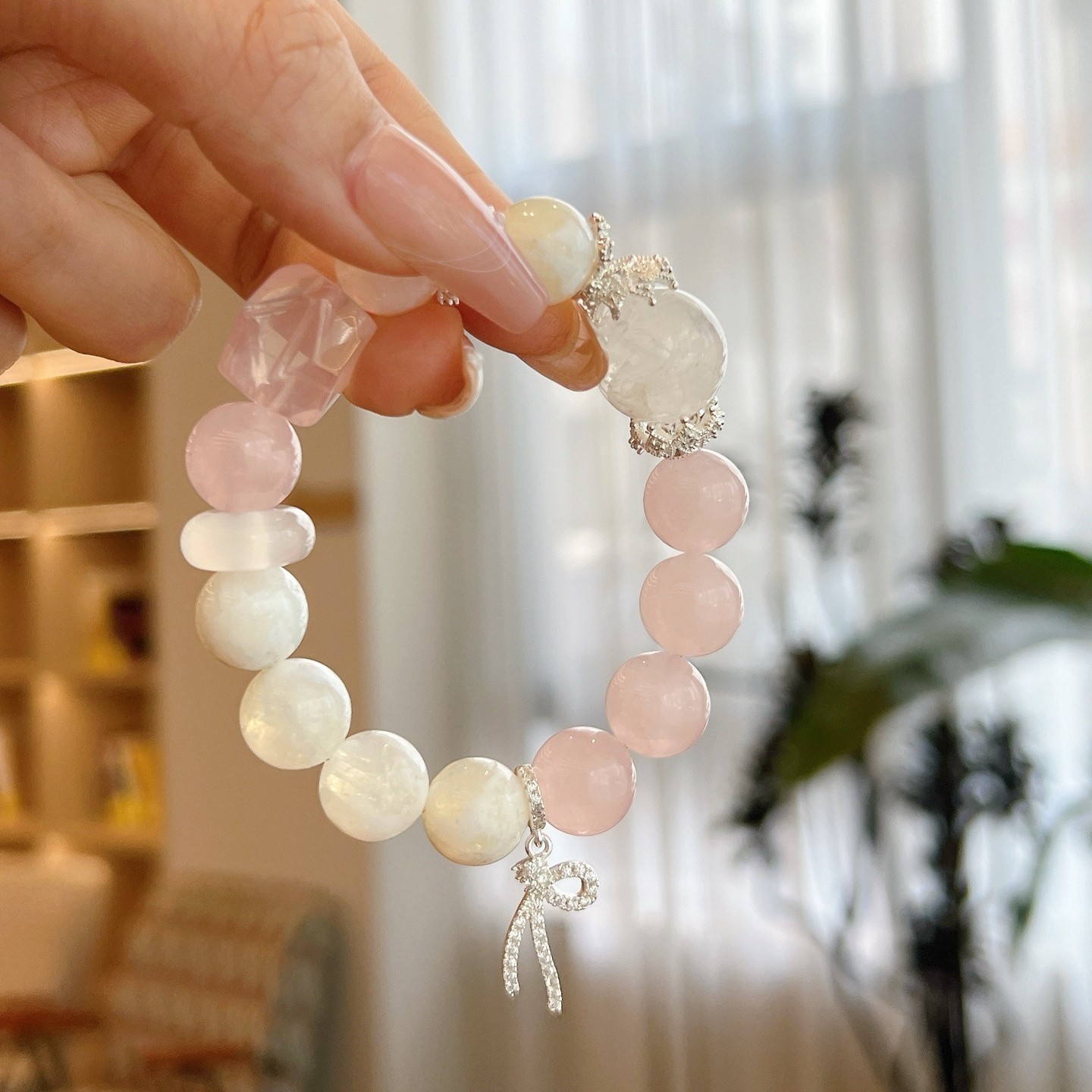 10-12mm Natural Snowflake Phantom Quartz with Rose Quartz Handmade Bracelet