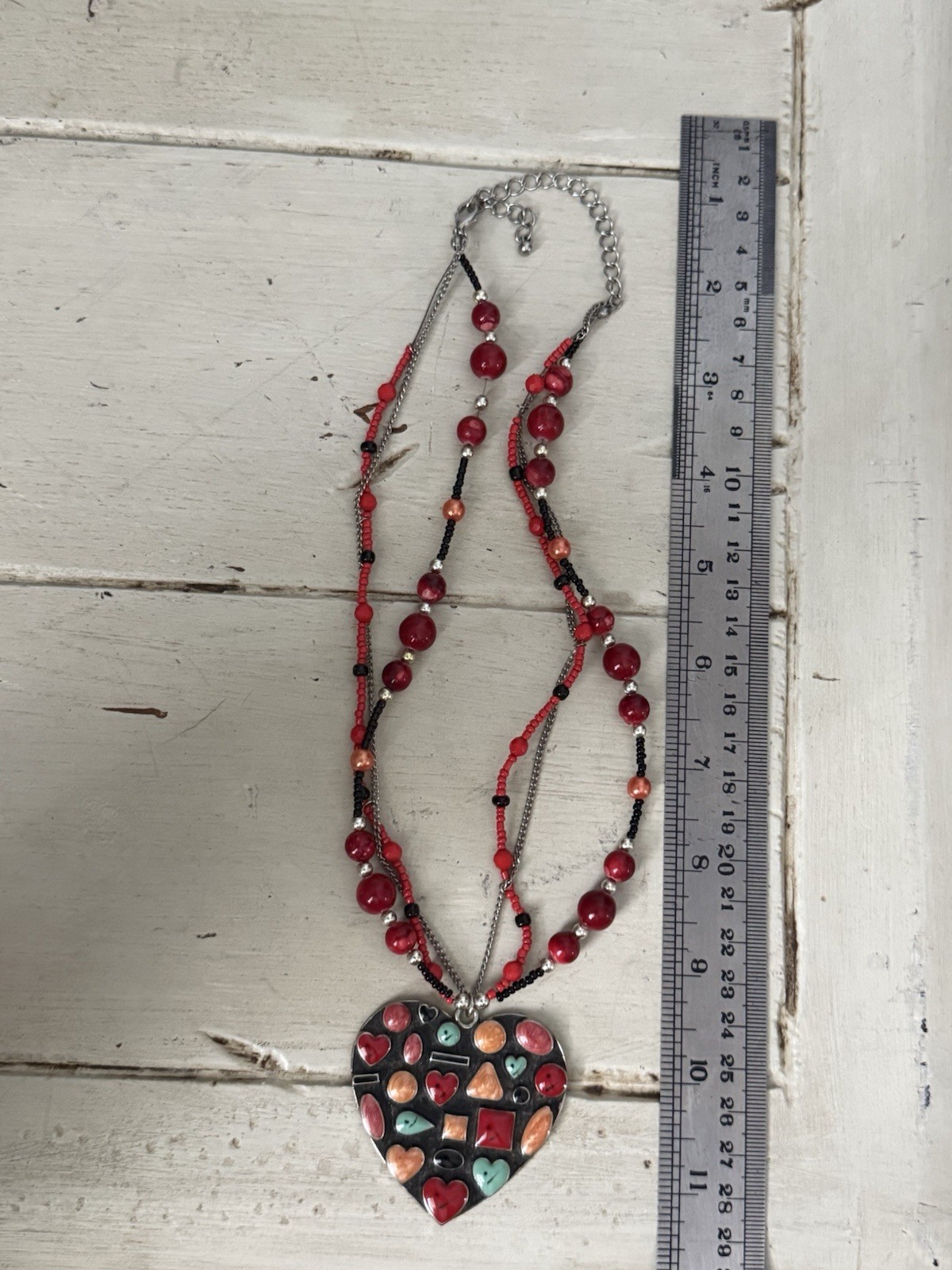 Heart Pendant Beaded Necklace & Heart Slave Bracelet Ring Set Boho Statement