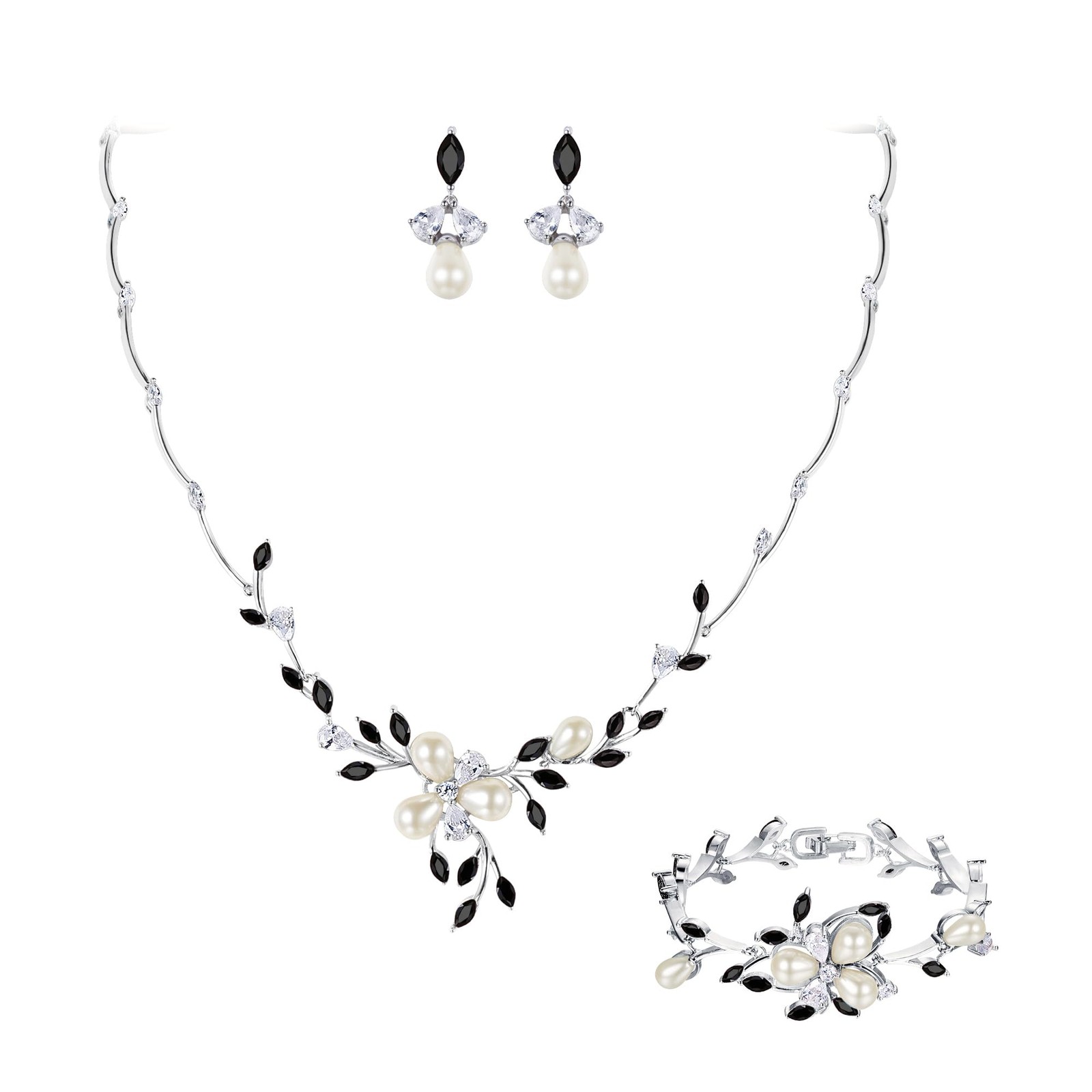 Party Prom Cubic Zirconia Jewelry Set, Simulated Pearl Black Marquise Flower …