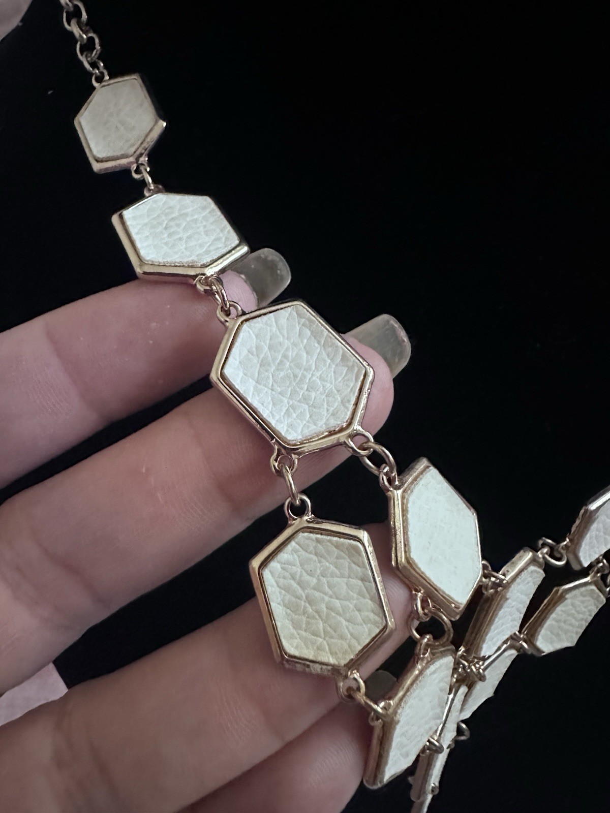 Gold Tone White Hexagon Textured Panel Statement Bib Fashion Necklace