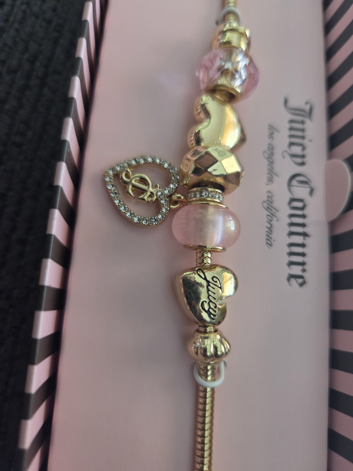 Juicy Couture Bracelet Gold Heart Lock Crown Key Green Pink Beaded Charms New