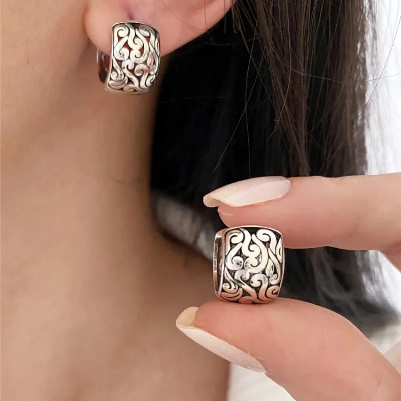 Fashion Women’s Earrings Sterling Silver Retro Filigree Oriental Huggie