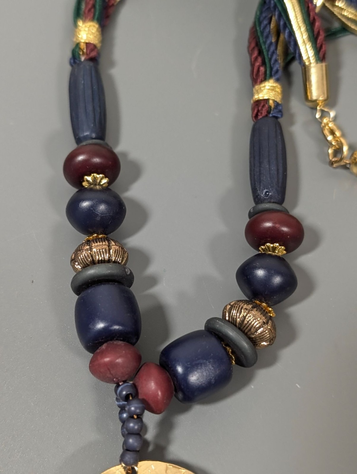 Retro Tribal Medallion Blue Red Green Multi Cord Gold Tone Necklace 18″