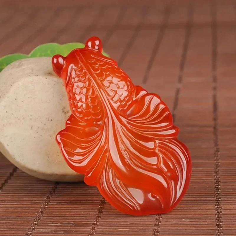 Natural Chinese Chalcedony Hand-carved Gold Fish Necklace Jade Pendant Jewelry