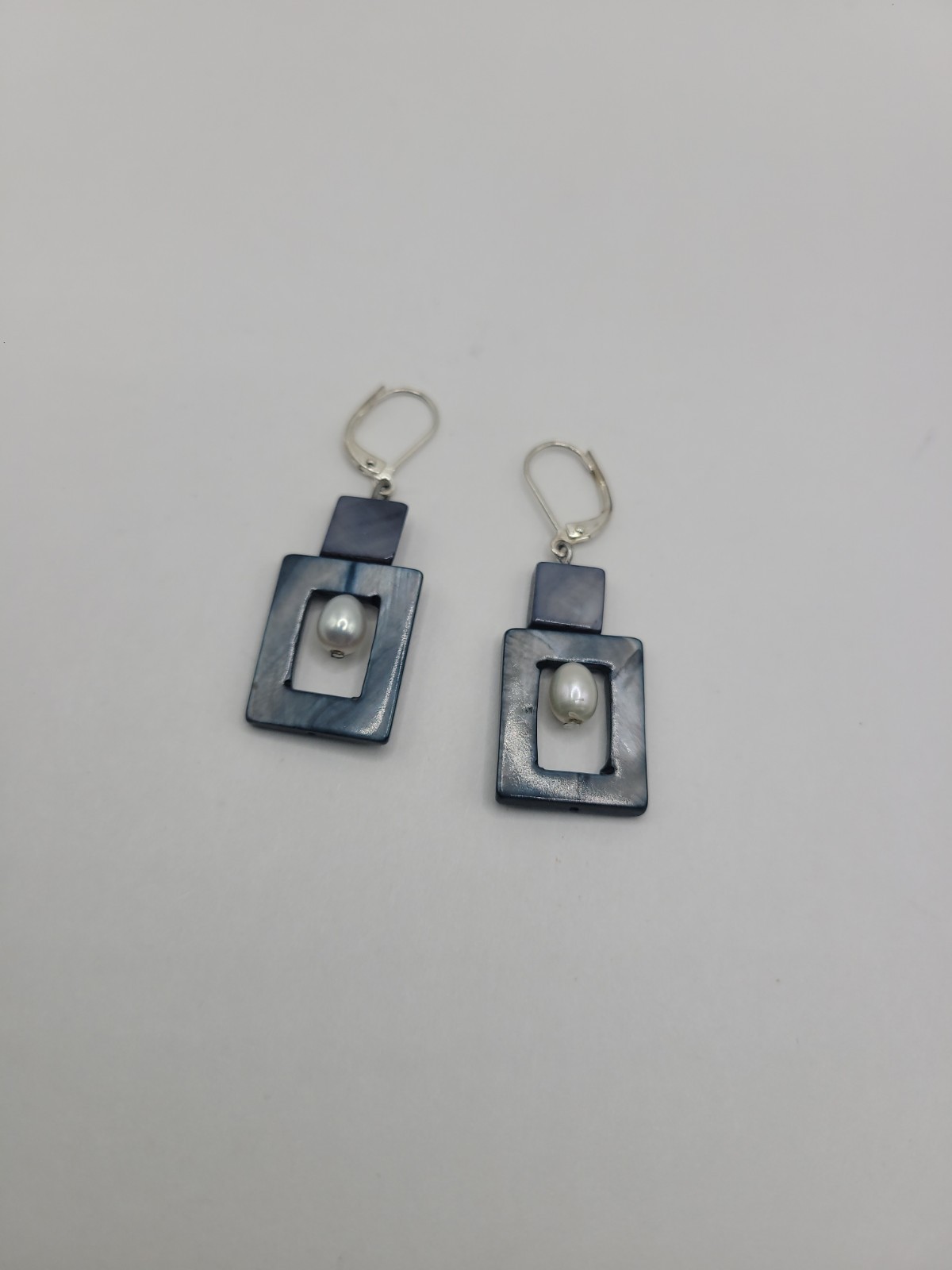 Geometric Gray Blue White Dangle Earrings Silver Tone Rectangle Drop Earrings