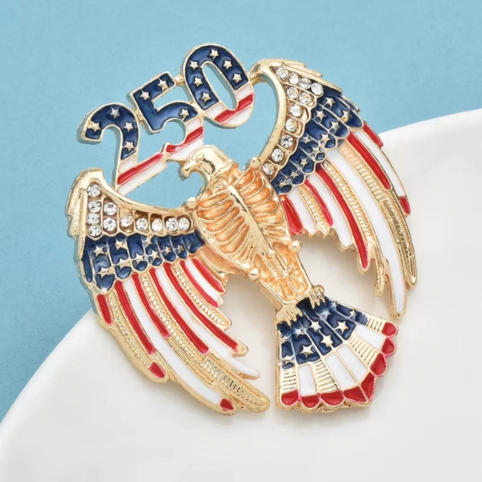 USA Eagle 250 Enamel Brooch Rhinestone Patriotic Flag Gold Tone Pin Gift
