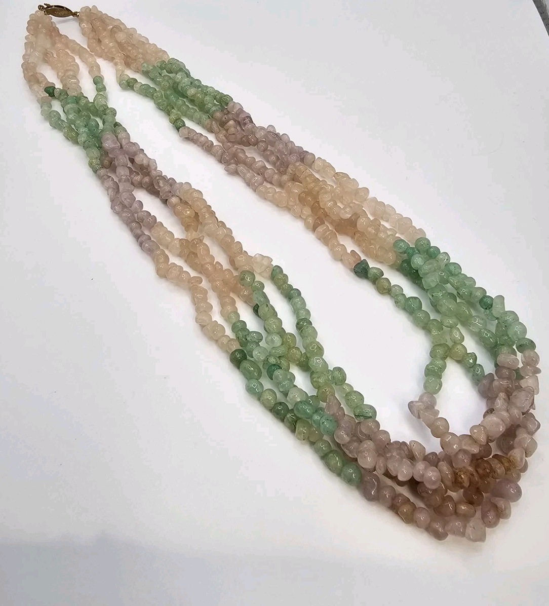 Five-strand Pastel Pink Rose quartz & Mint Green Adventurine & Amethyst 23″ Neck
