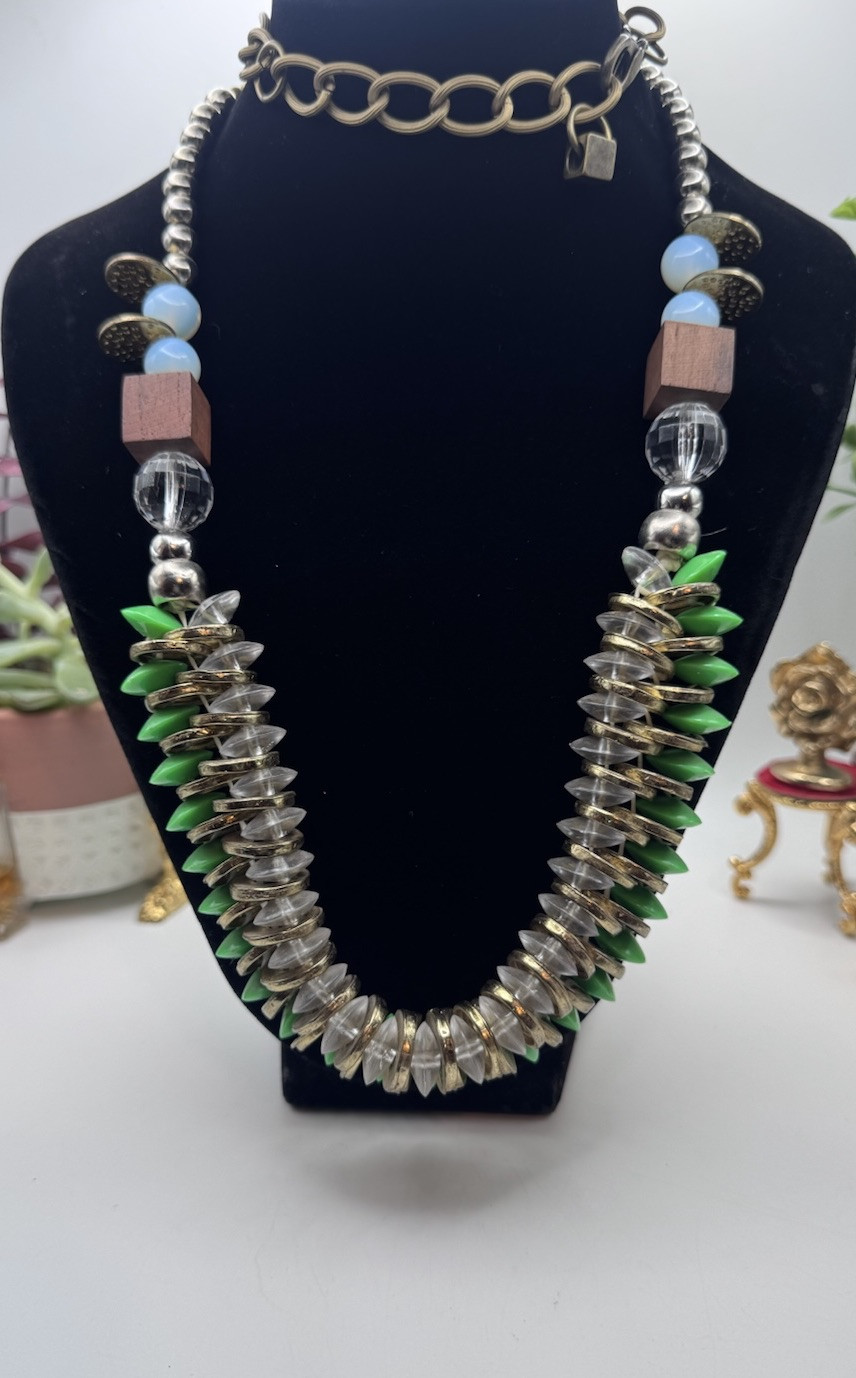 Pam Hiran Coil & Beads Necklace Green-Clear Glass & Gold Beads Whit Silver Chain
