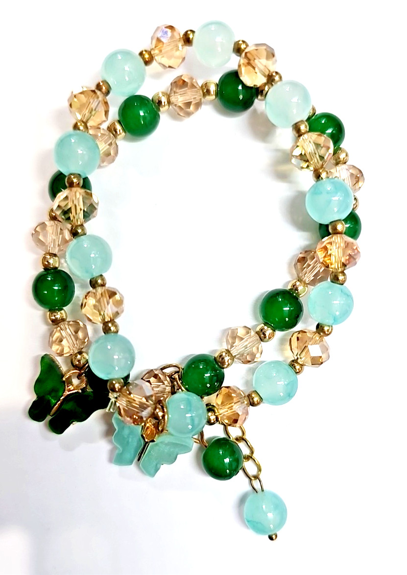 Glass Bead Bracelet w/ Butterfly Charm & Dangling Bead Mix & Match from 6 Colors
