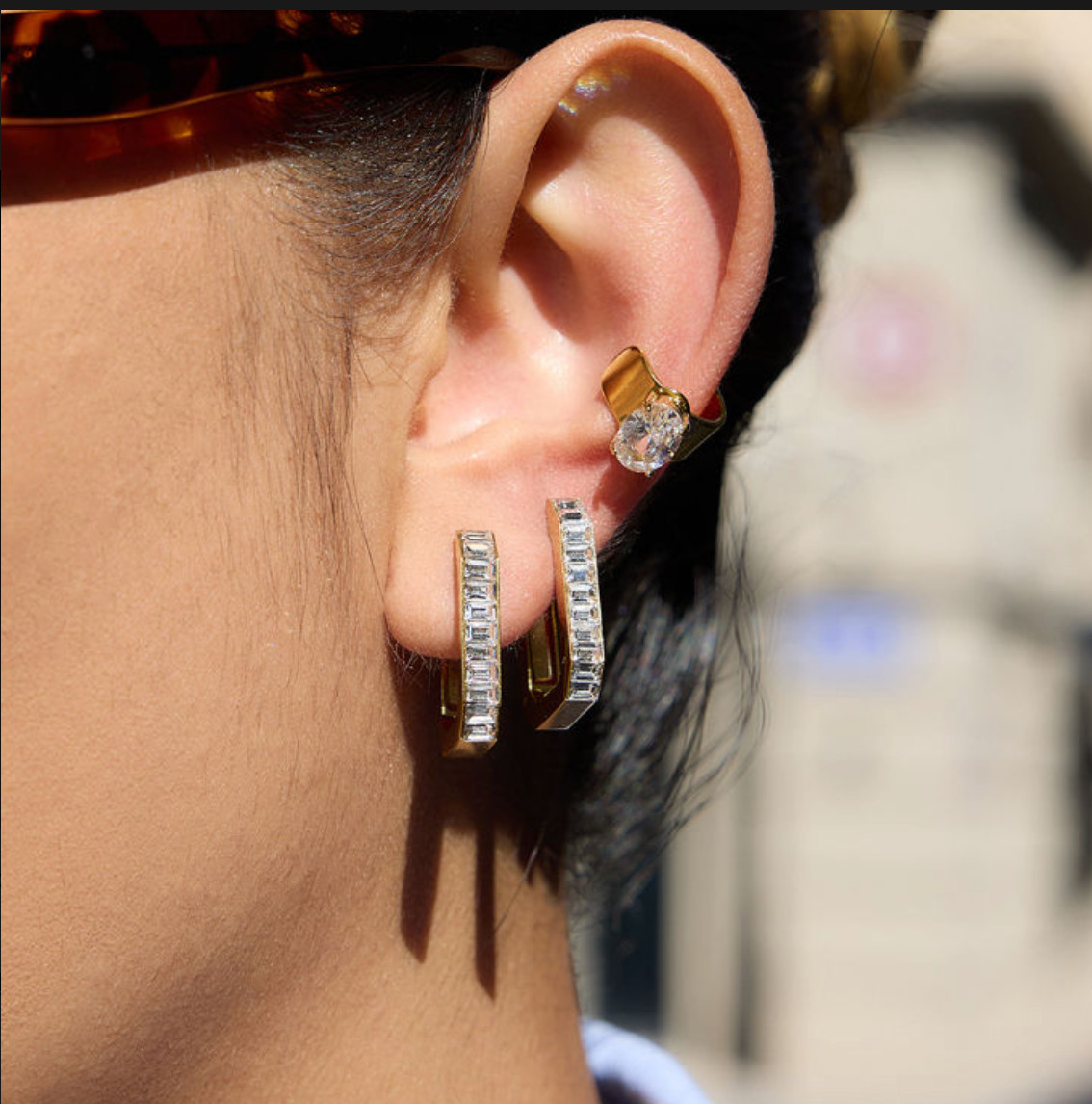 Stainless Steel Rectangle Huggie Hoop Earring Channel Set CZ Silver Gold