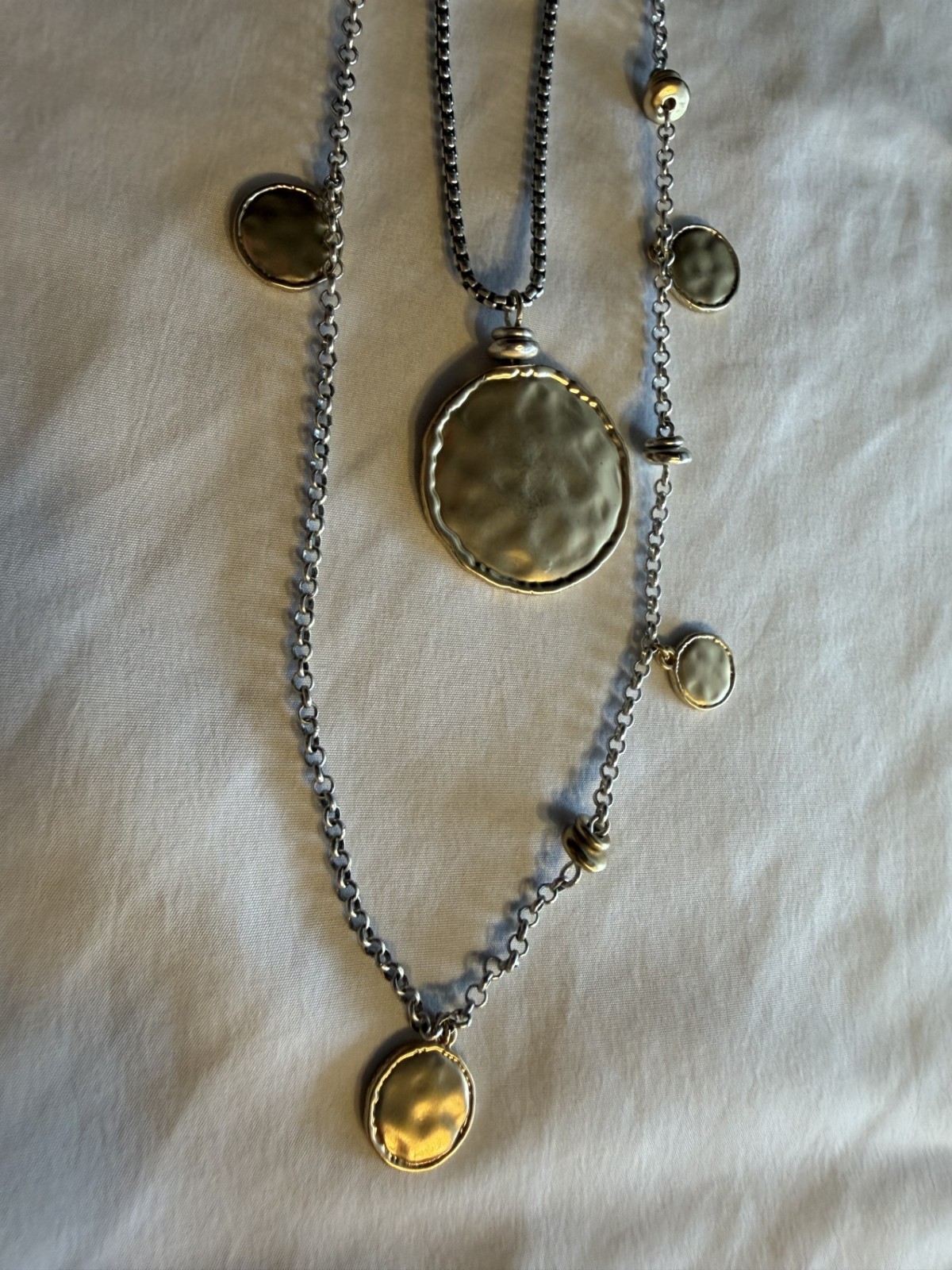 New Chico’s Double strand Gold and Silver Necklace with coin like accents