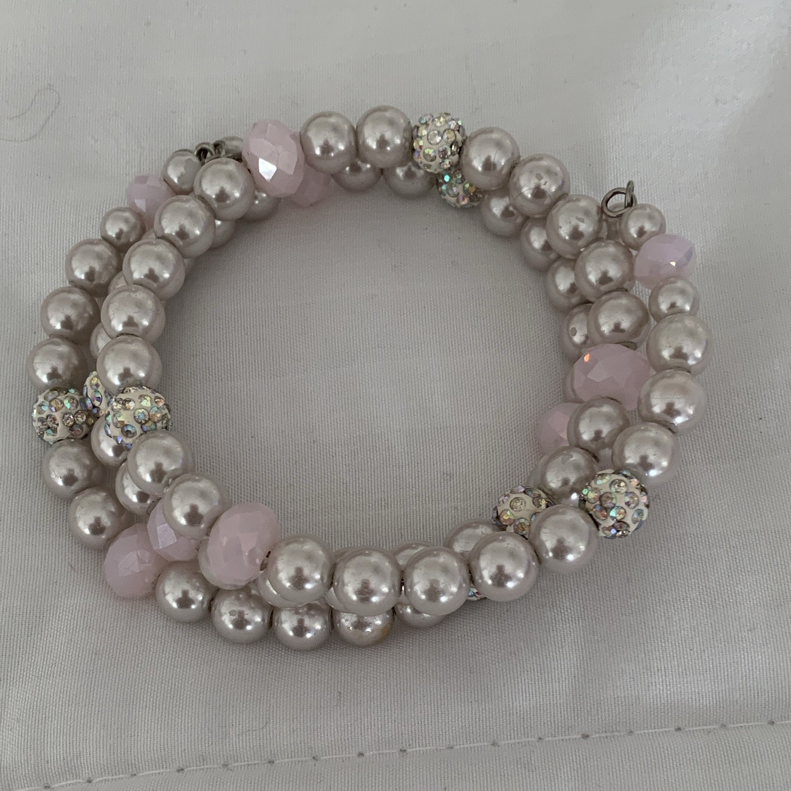 Pink Faux Pearl Jewelry Set Necklace & Bracelet w/ Crystal Rhinestone Spacers