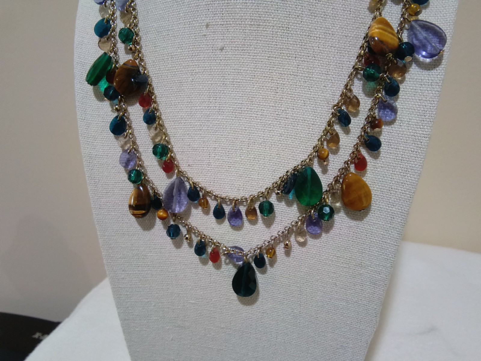Talbots Branded Two-Strand Necklace, Tiger Eye & Multi-Color Glass Dangles
