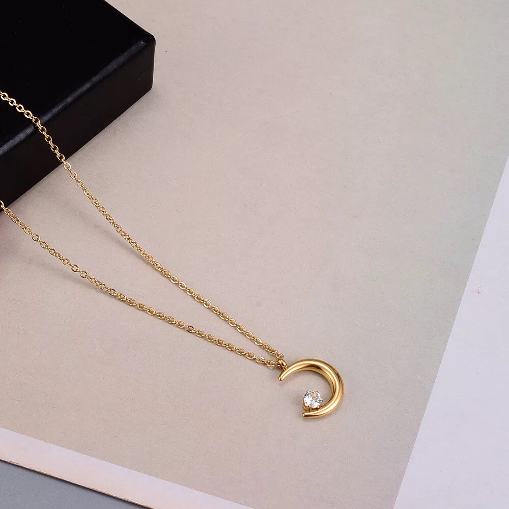 18K Yellow Gold Plated Moon Crescent Star Pendant Charm Necklace Woman’s Gift