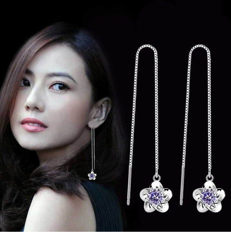 925 Sterling Silver Plated Plumeria CZ Flower Tassel Pull Threader Earrings TH1