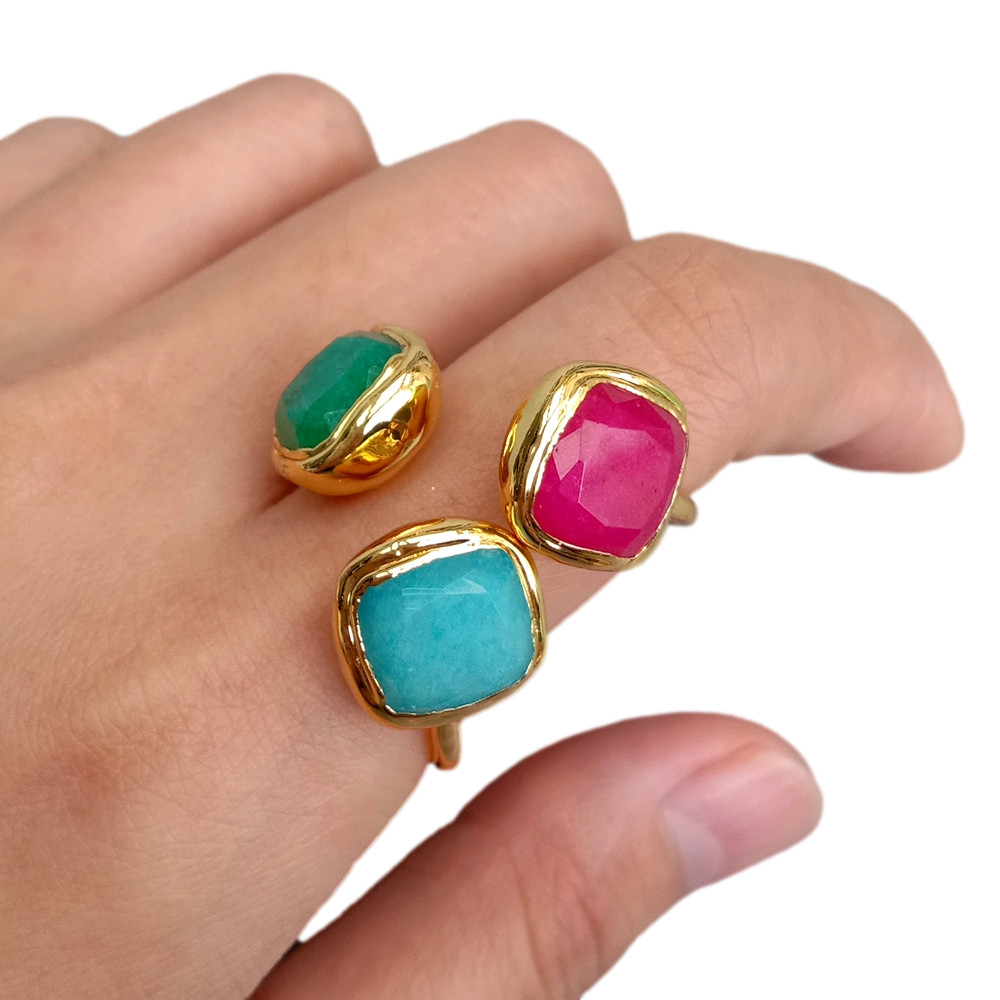 Green Blue Red Jade Gold Plated Adjustable Ring Handmade Jewelry