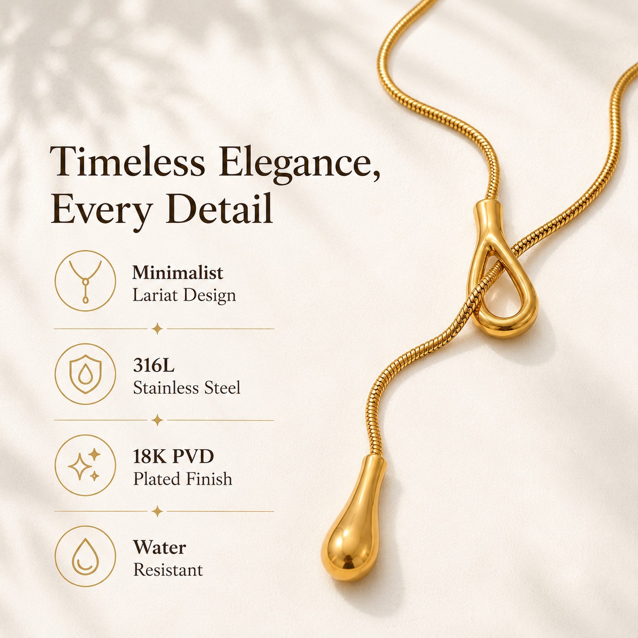 Gold Silver Y Drop Lariat Necklace 316L Stainless Steel Fashion Jewelry